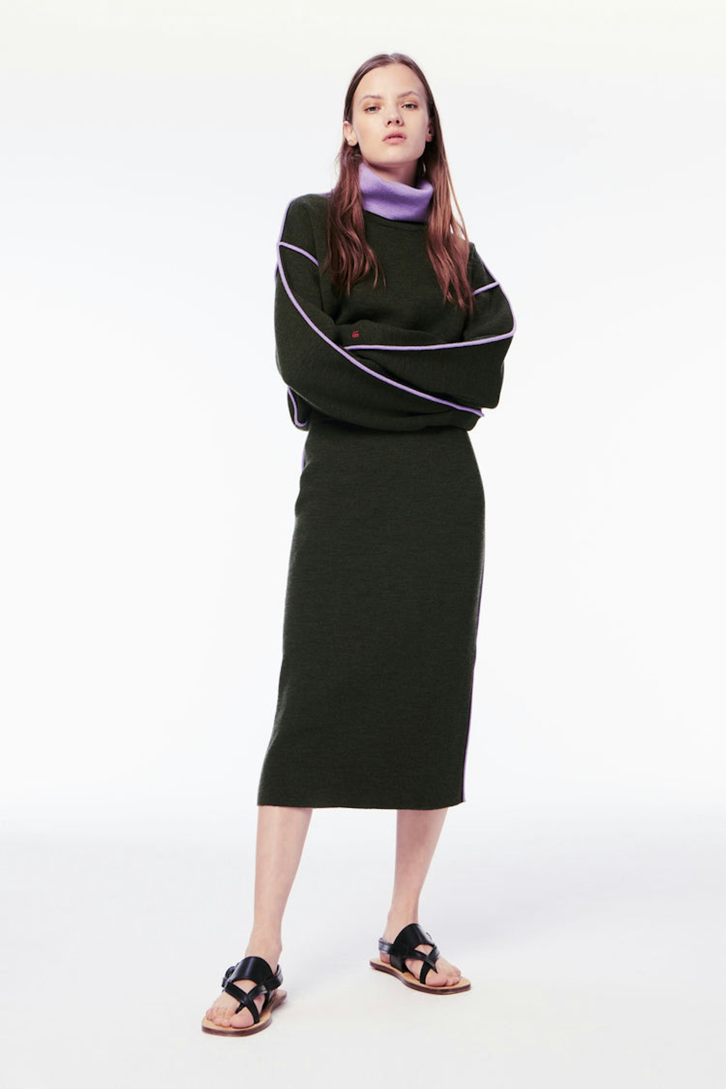 Contrast Trim Jumper Dress in Khaki & Lilac, £650