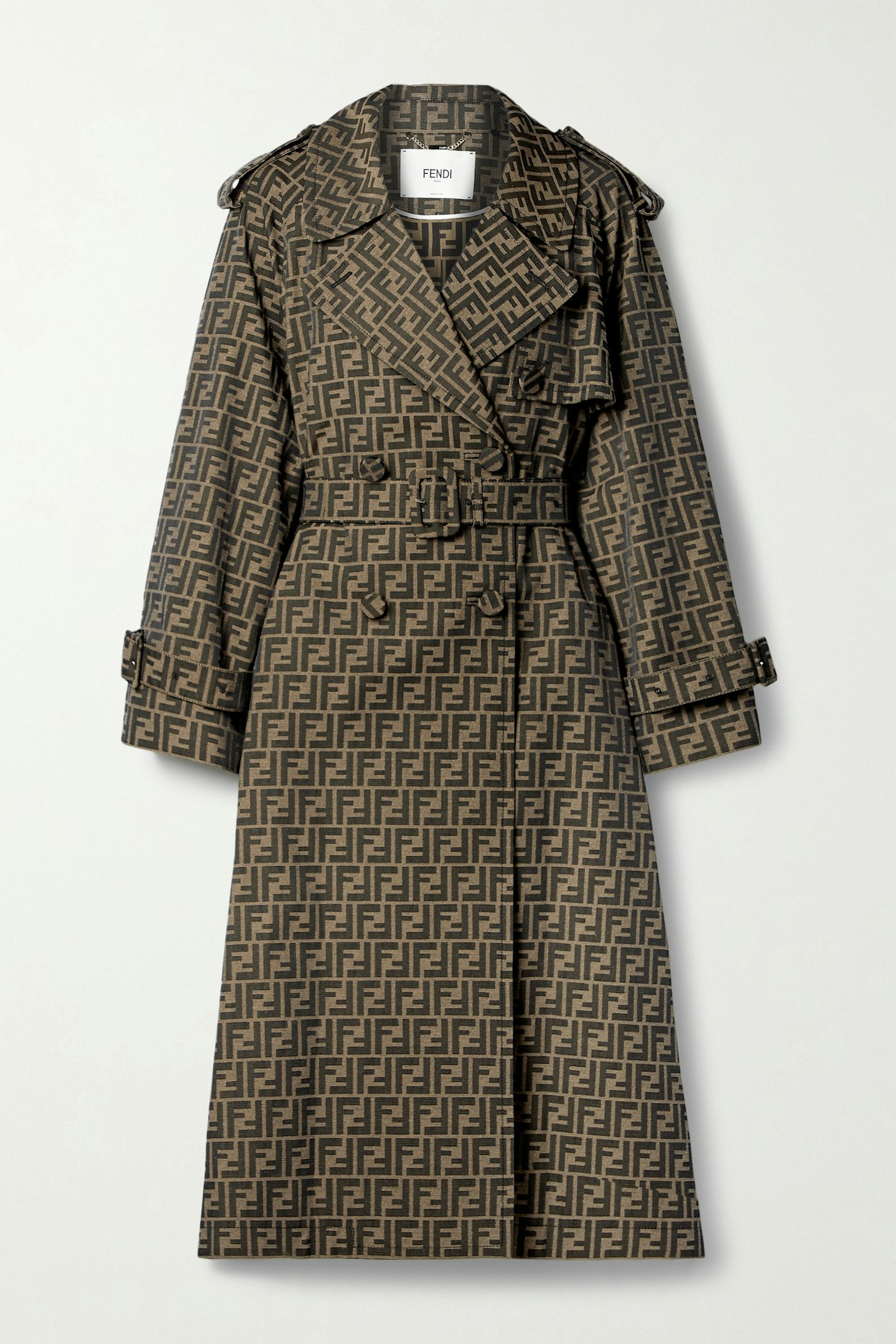 best trench coats for women Fendi, Belted Double-Breasted Canvas-Jacquard Trench Coat,  £3,300