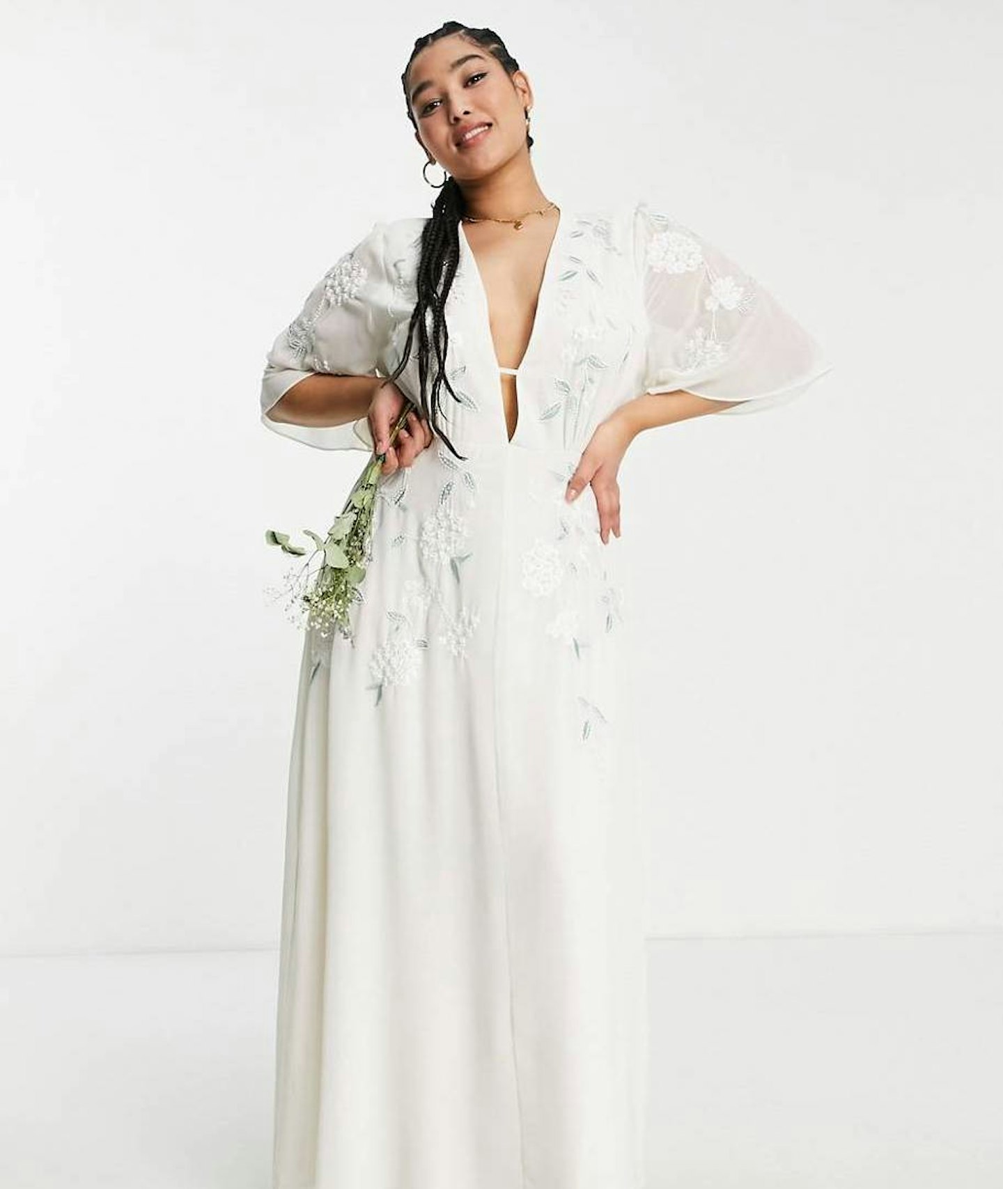 best high street wedding dresses Hope & Ivy Plus, Plunge Embroidered Ivory Maxi Dress, £150
