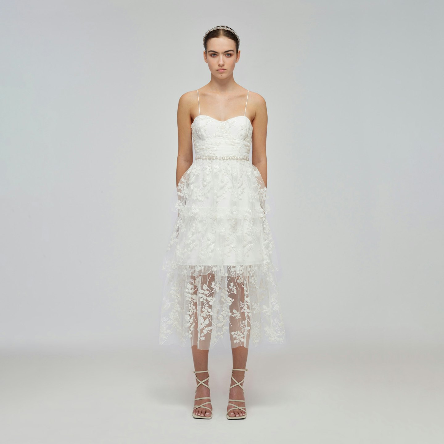 best high street wedding dresses Self-Portrait, Ivory Blossom Sequin Tiered Midi Dress, £380