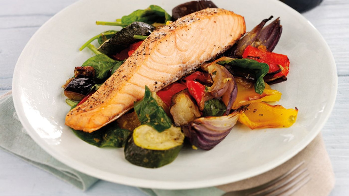 Salmon with roasted mediterranean vegetables and pesto