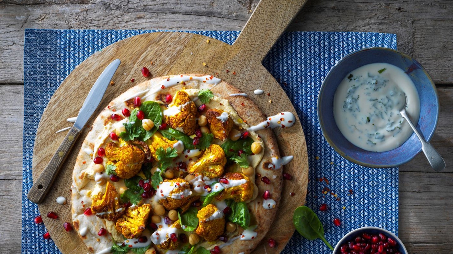 Moroccan roasted cauliflower and chickpea flatbreads