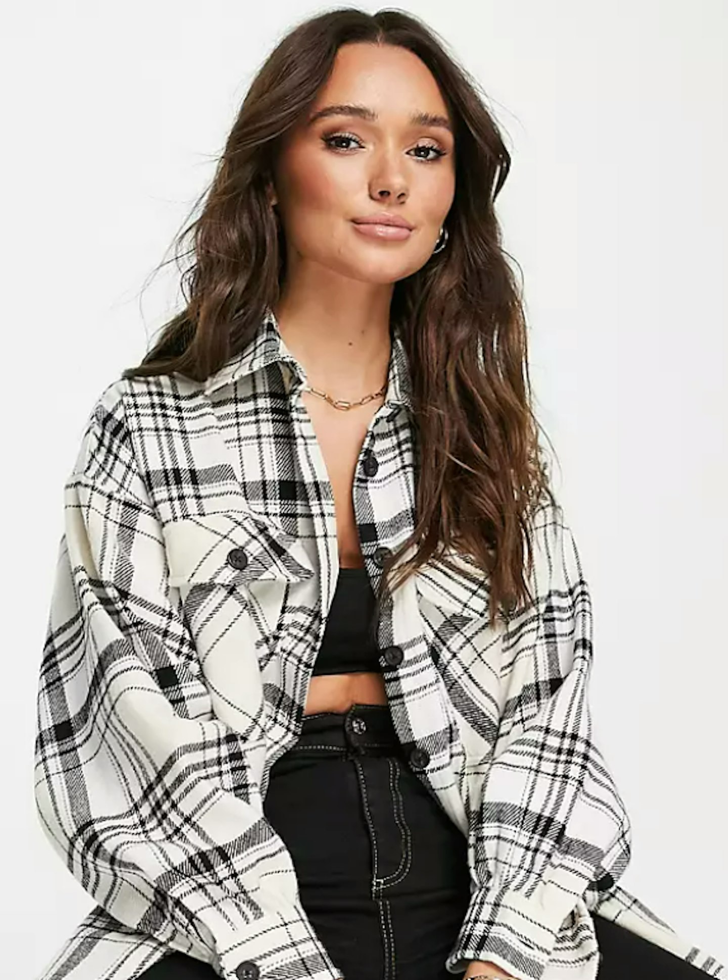 Oversized Shacket In Cream And Black Check