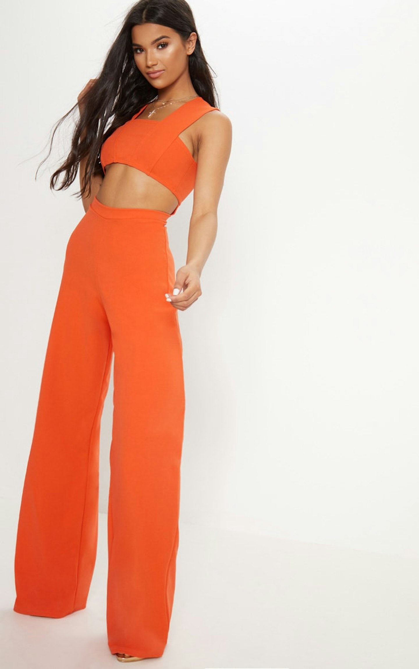 PrettyLittleThing Orange Crepe Cut Out Jumpsuit