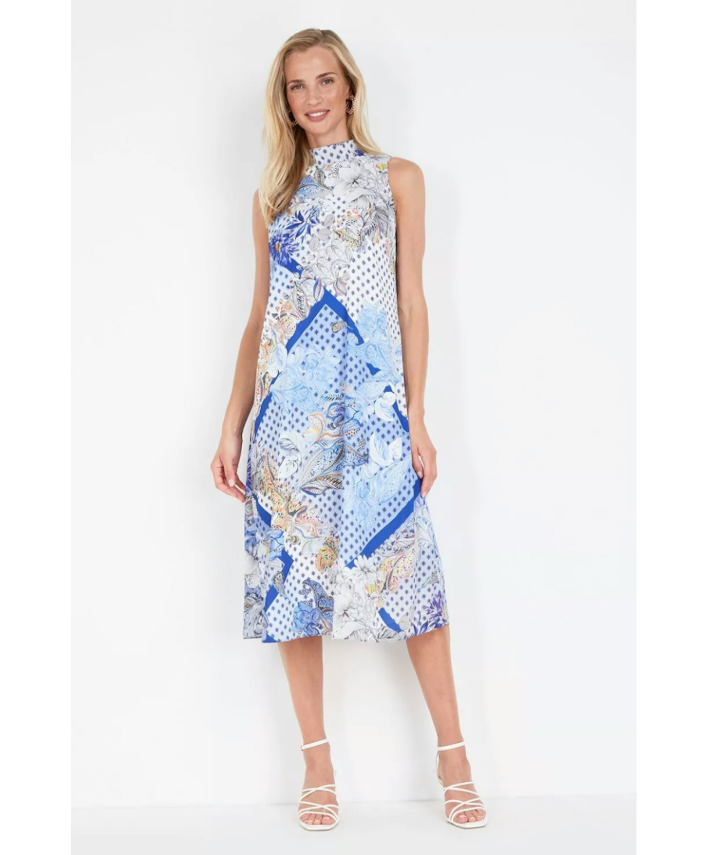 Blue Paisley Scarf Print Halter Midi Dress