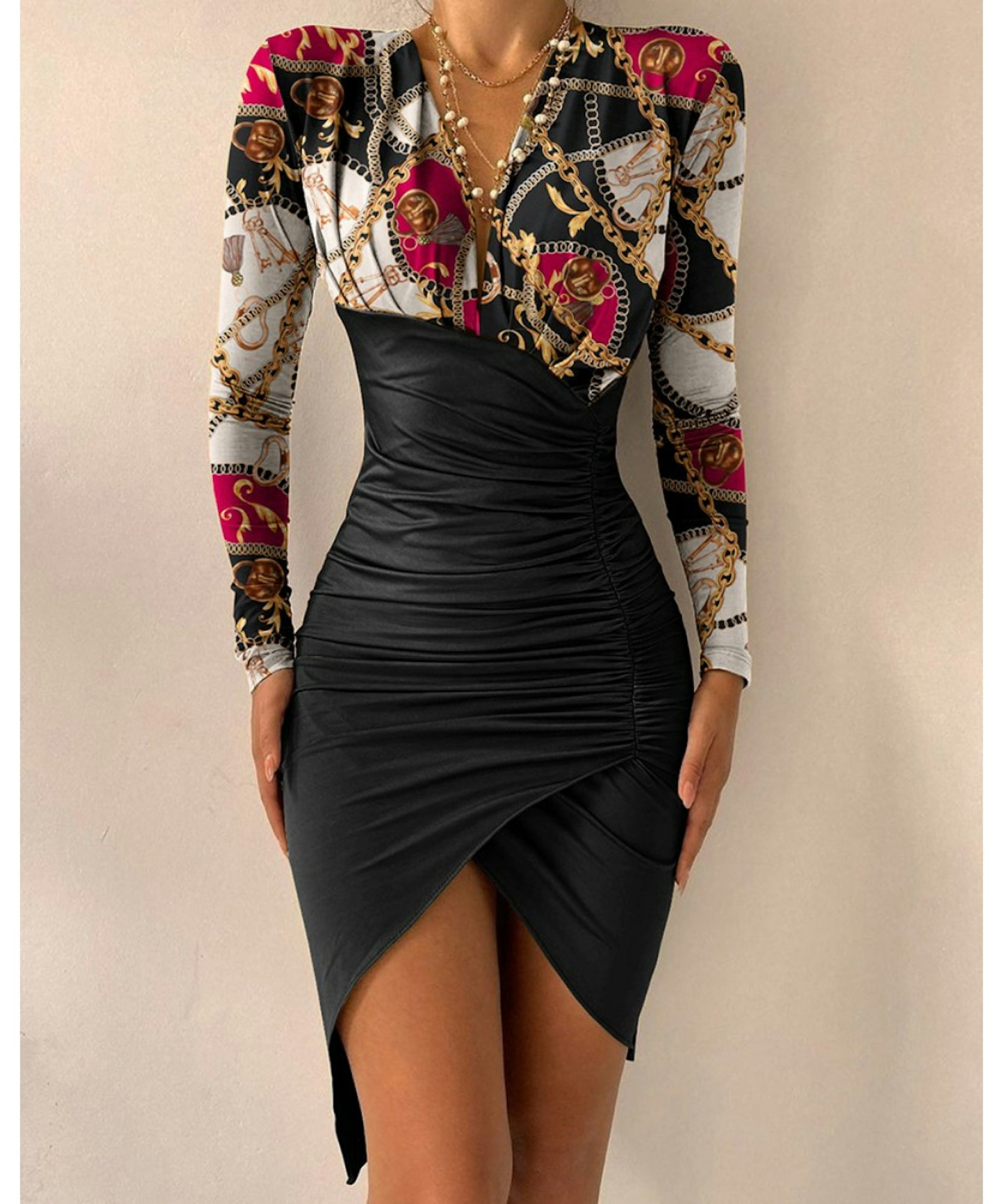 Chain Scarf Print Long Sleeve Ruched Bodycon Dress