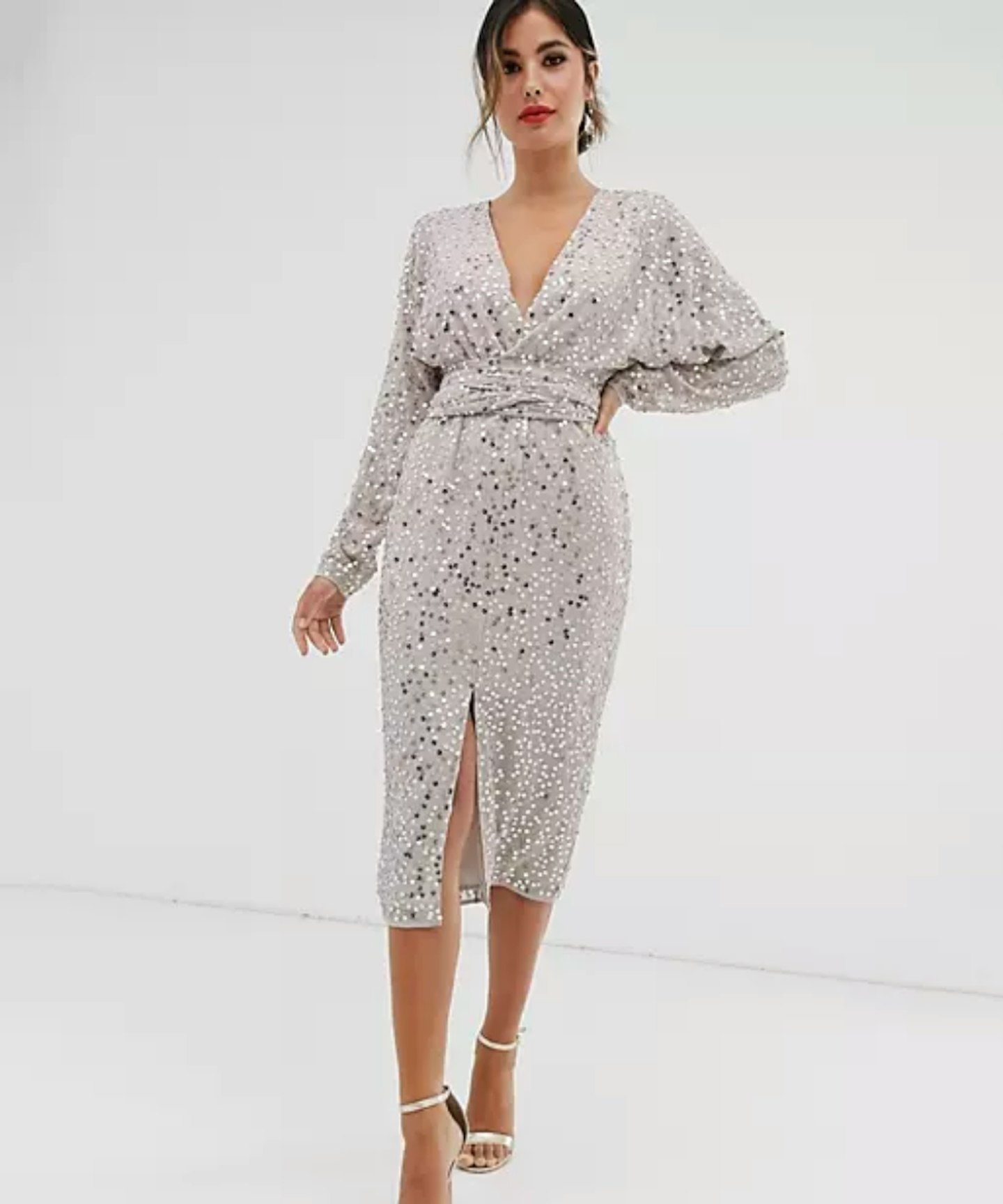 ASOS DESIGN midi dress with batwing sleeve and wrap waist in scatter sequin