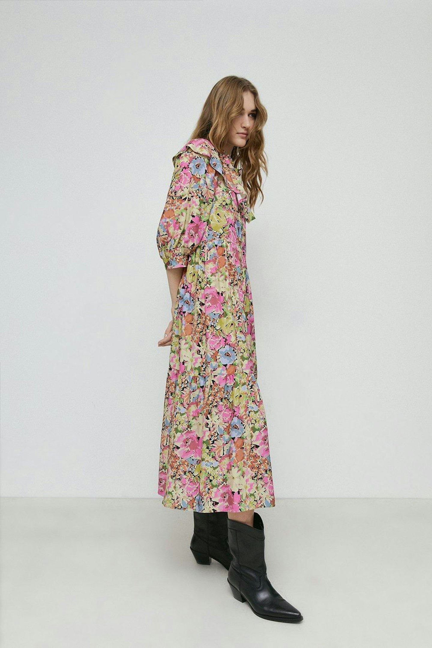 Warehouse, Floral Ruffle Neck Tiered Midi Dress, £48.30