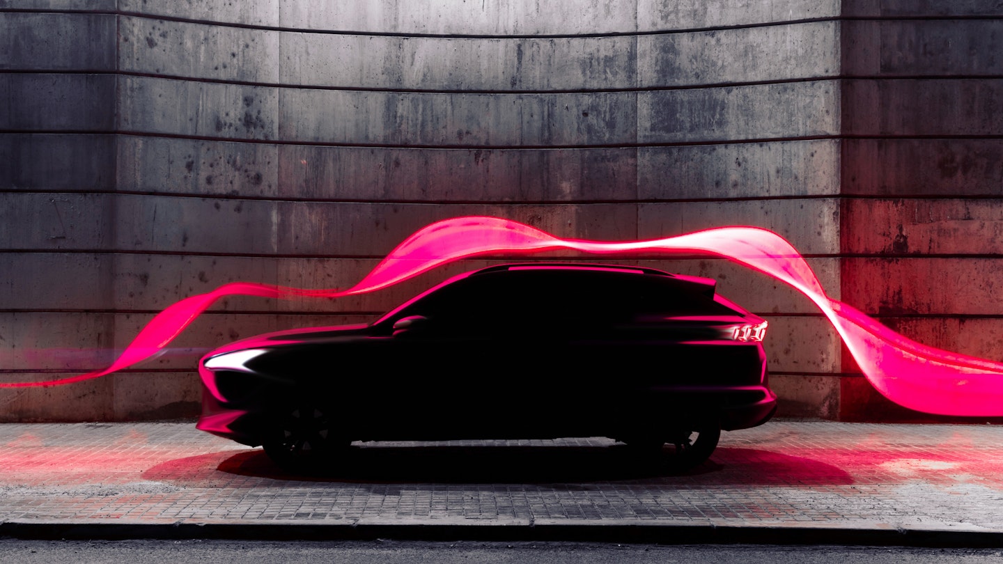Aerodynamic red light trail flowing over car silhouette