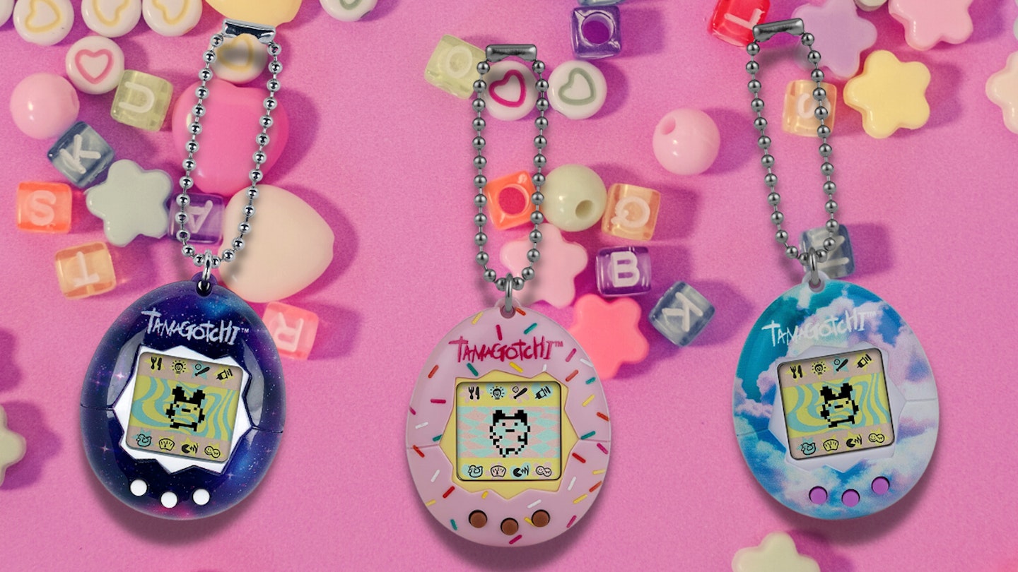 compilation of three tamagotchi toys on noughties themed background