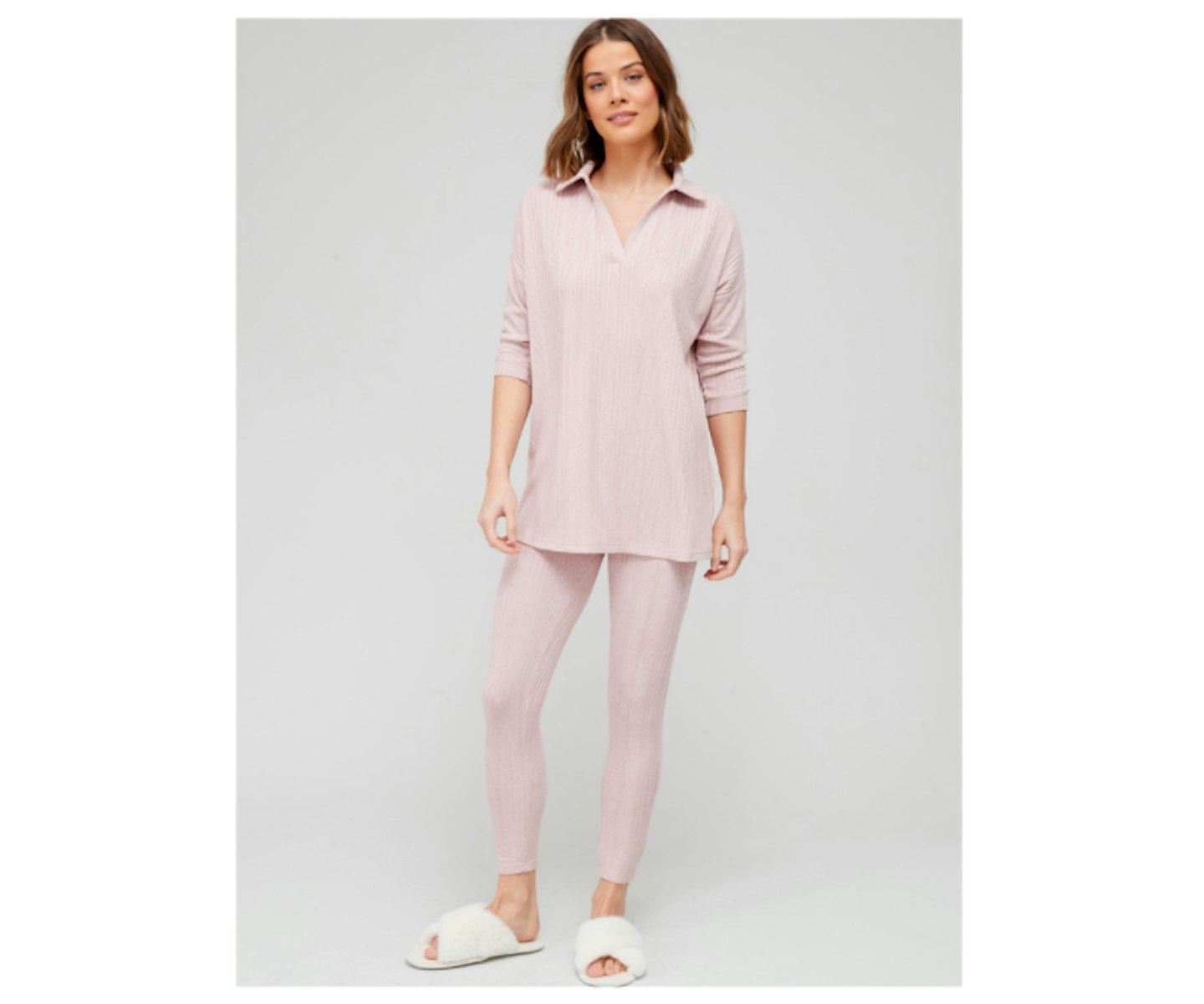 Ribbed Open Neck Longline Top and Leggings Set – Nude
