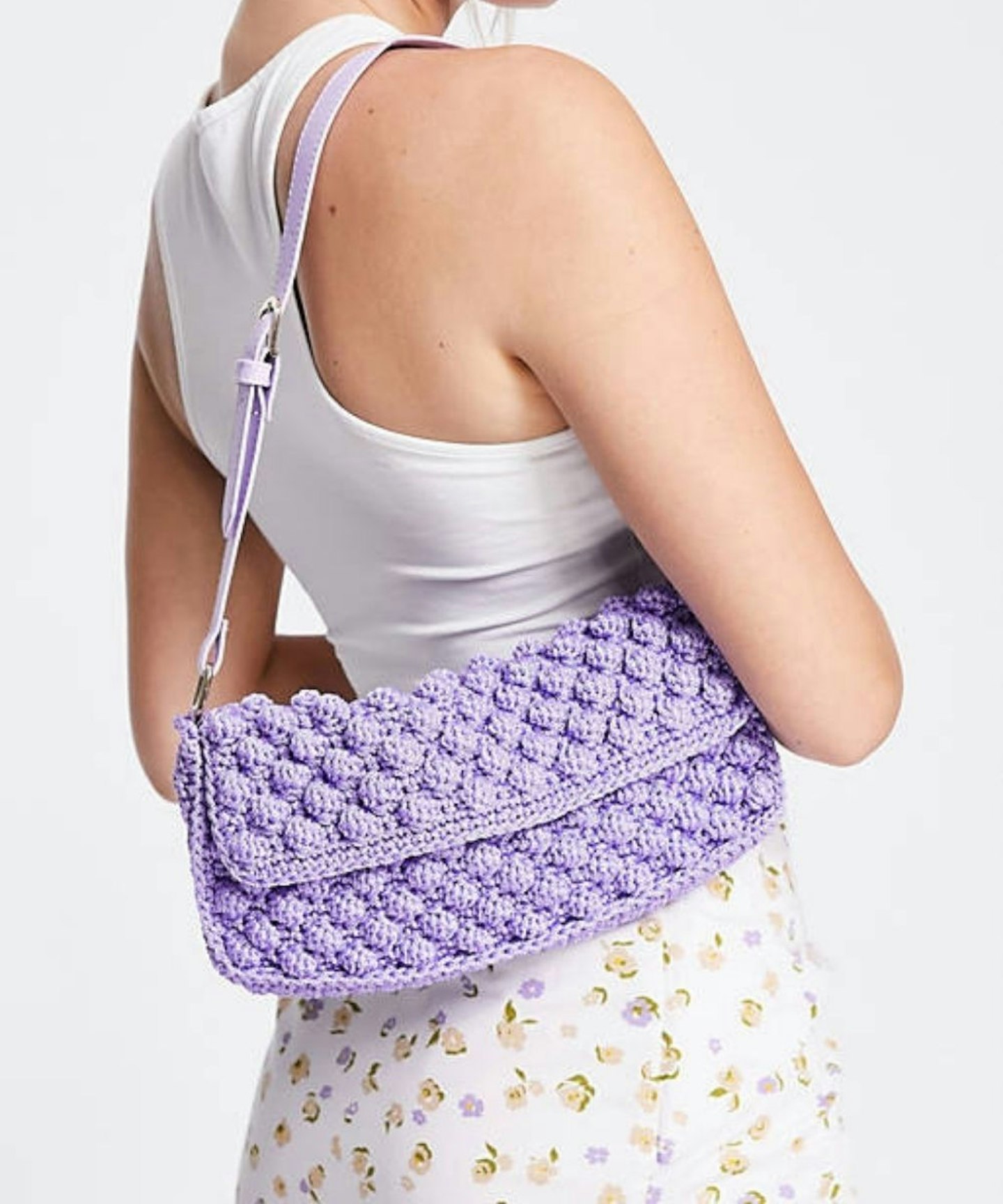 ASOS DESIGN 90s Shoulder Bag With Flap In Lilac Bobble Knit