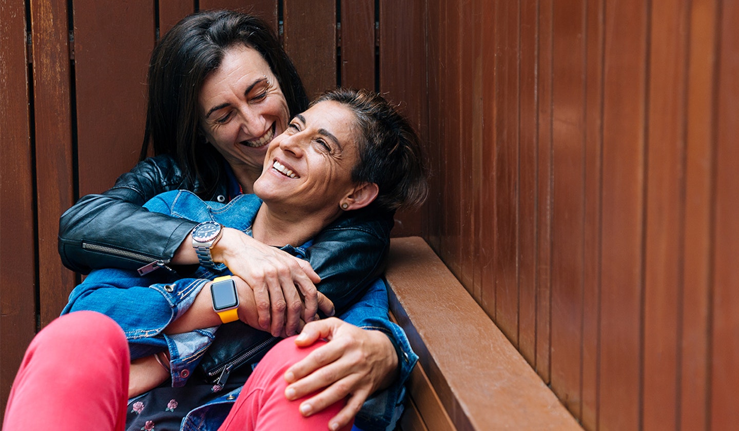 same sex couple laughing