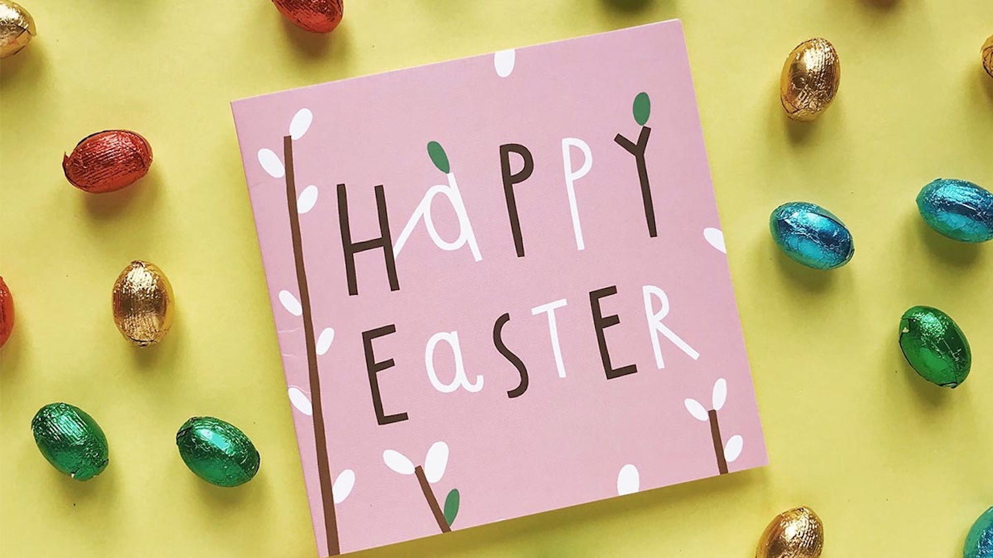 easter card surrounded by chocolate eggs