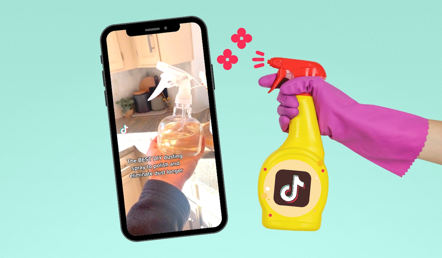 This DIY cleaning spray has gone TikTok viral for 'keeping dust away longer'- hero image of person spraying phone which is playing tiktok