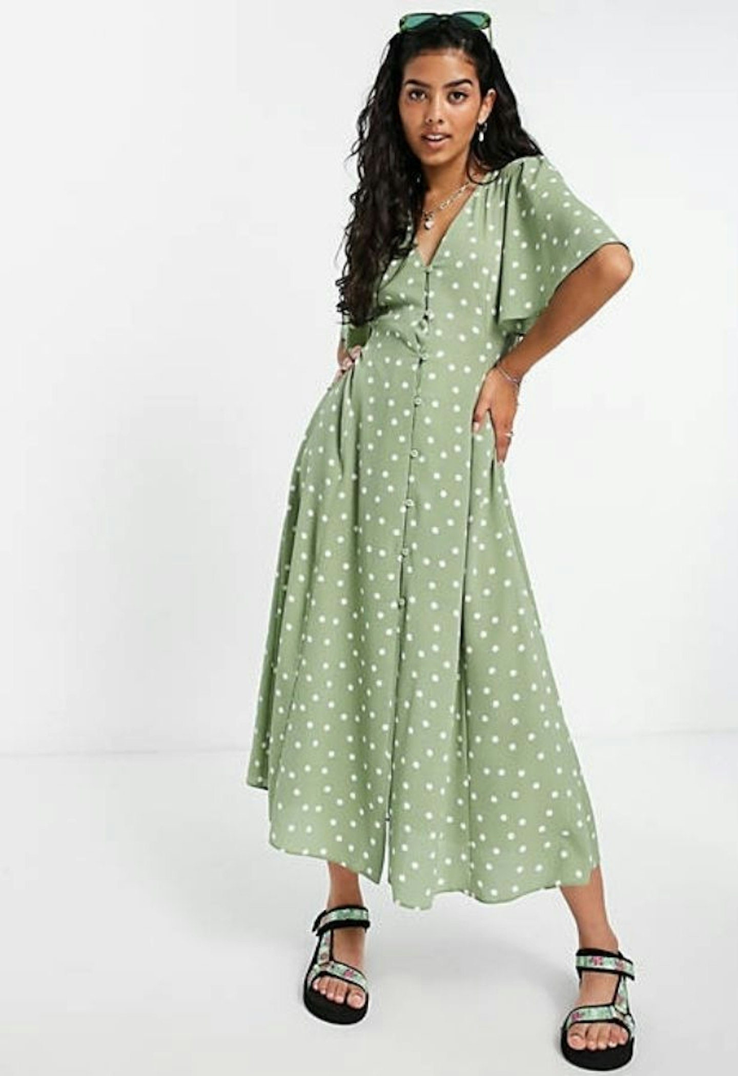 ASOS DESIGN Button Through Tie Back Midi Tea Dress