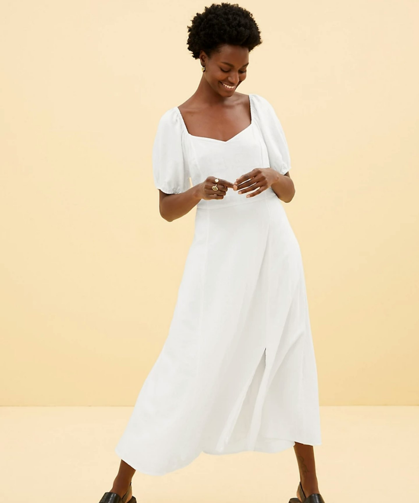 M&S Linen Blend Sweetheart Neckline Midi Dress
