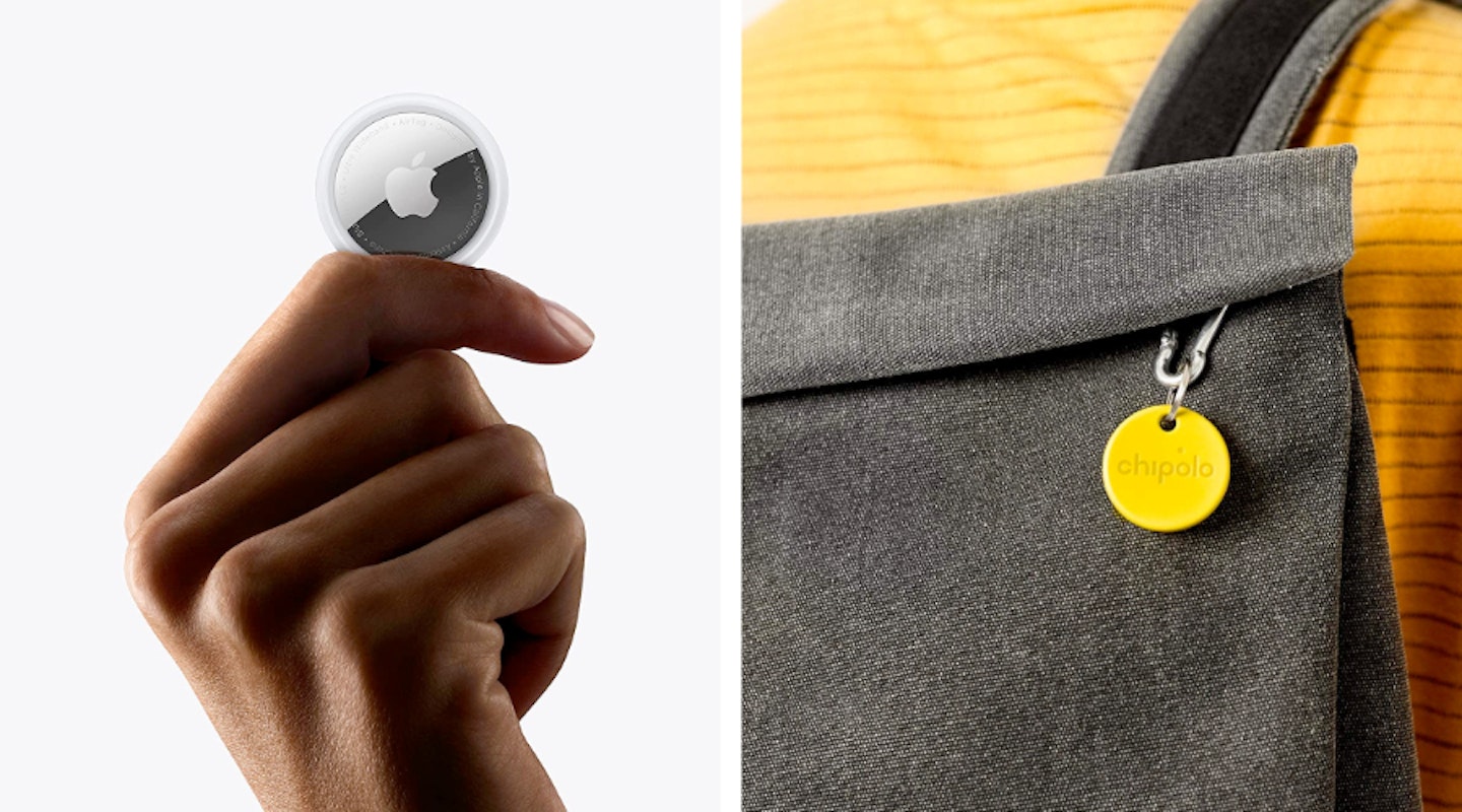 Apple AirTag in a hand and Chipolo on a bag