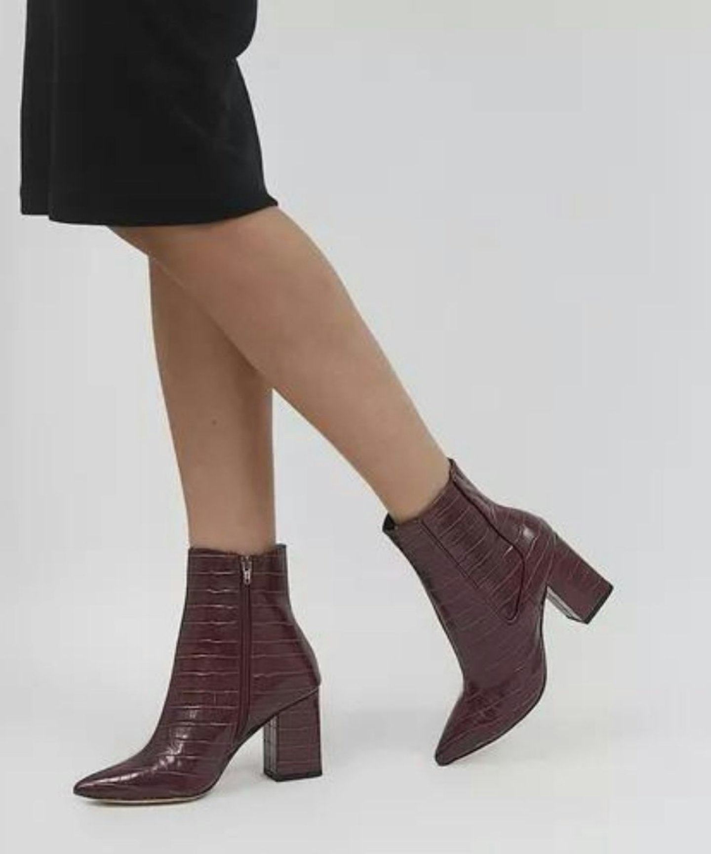 Ankara Point Block Heel Boots Oxblood Croc