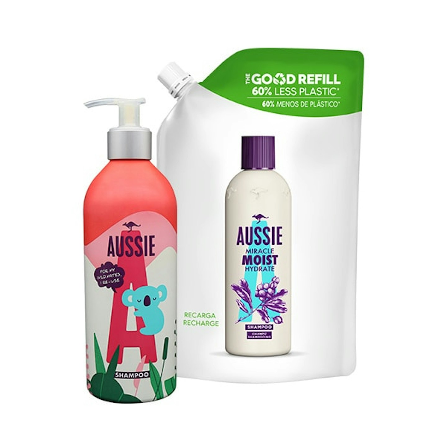 Aussie Miracle Moist Shampoo Reusable Bottle & Refill Pouch Bundle