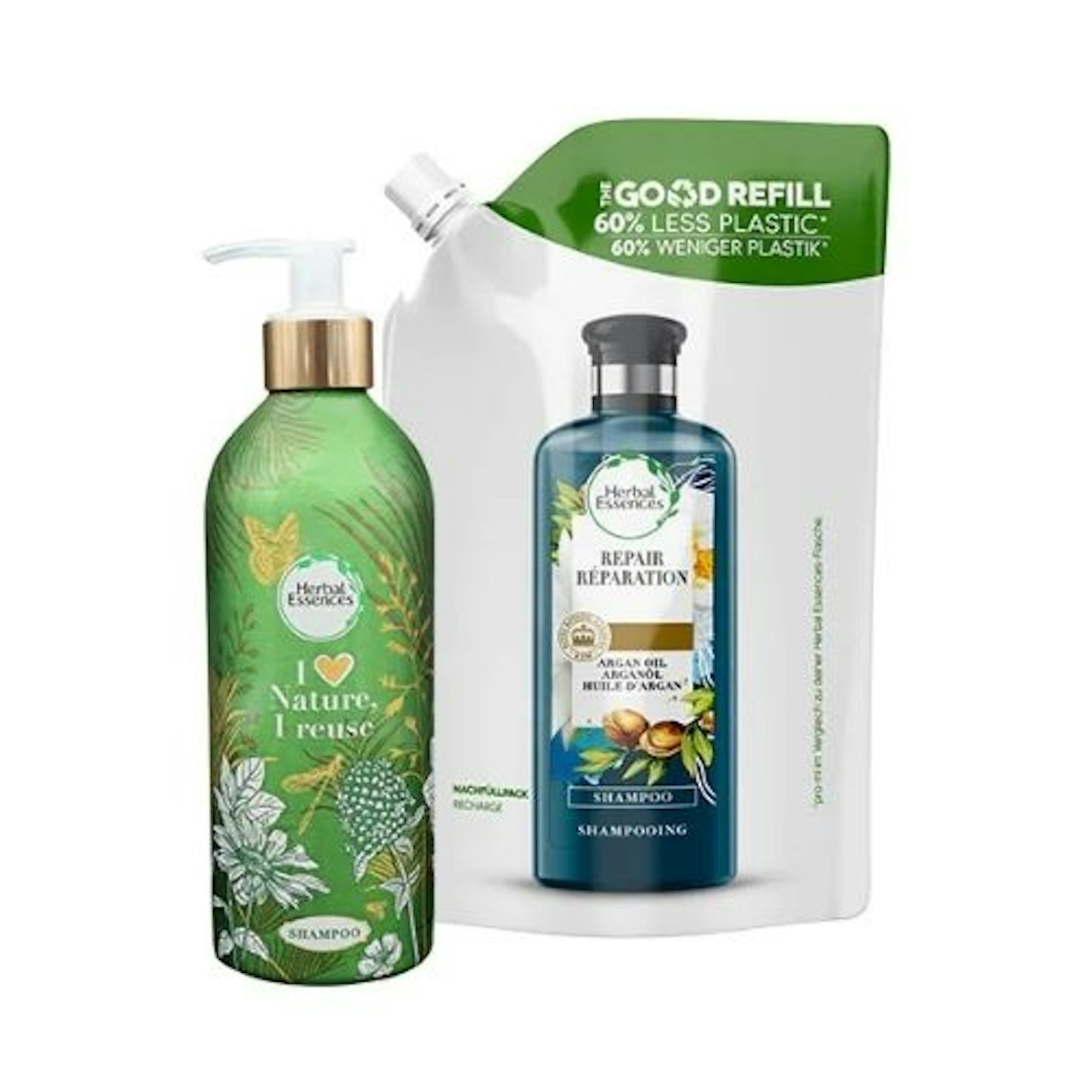Herbal Essences Argan Oil Shampoo Reusable Bottle & Refill Pouch Bundle