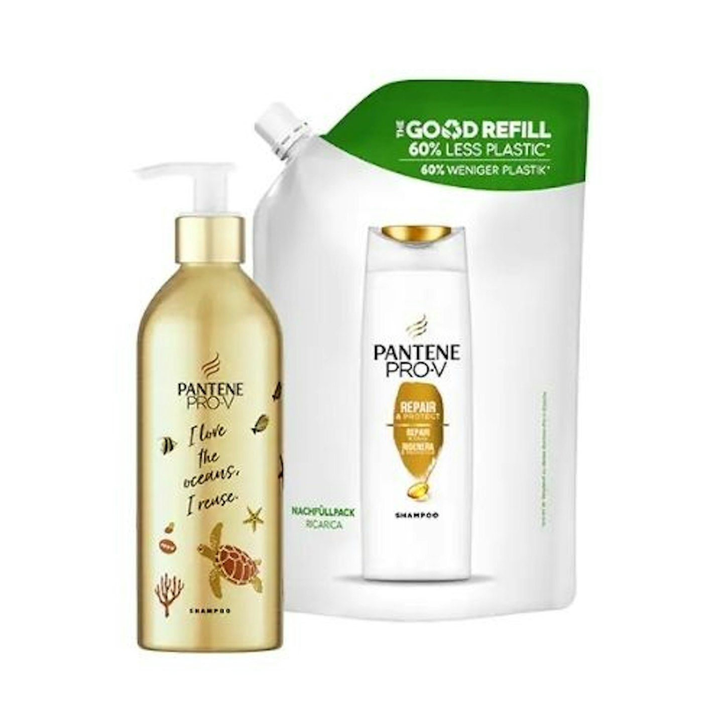 Pantene Repair & Protect Shampoo Reusable Bottle & Refill Pouch Bundle