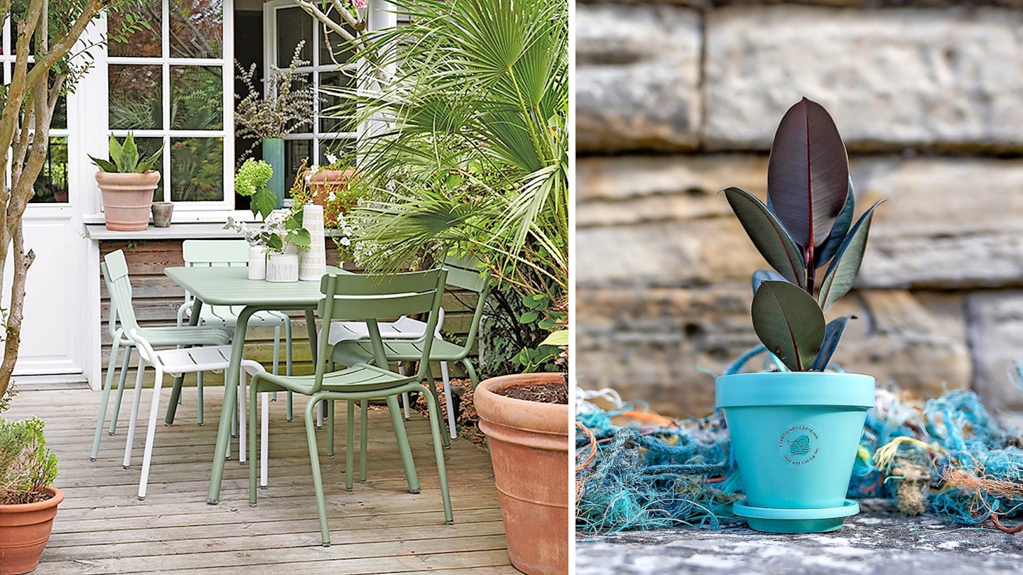 garden table made with recycled materials and garden plant pot made from recycled fishing nets - Recycled garden buys