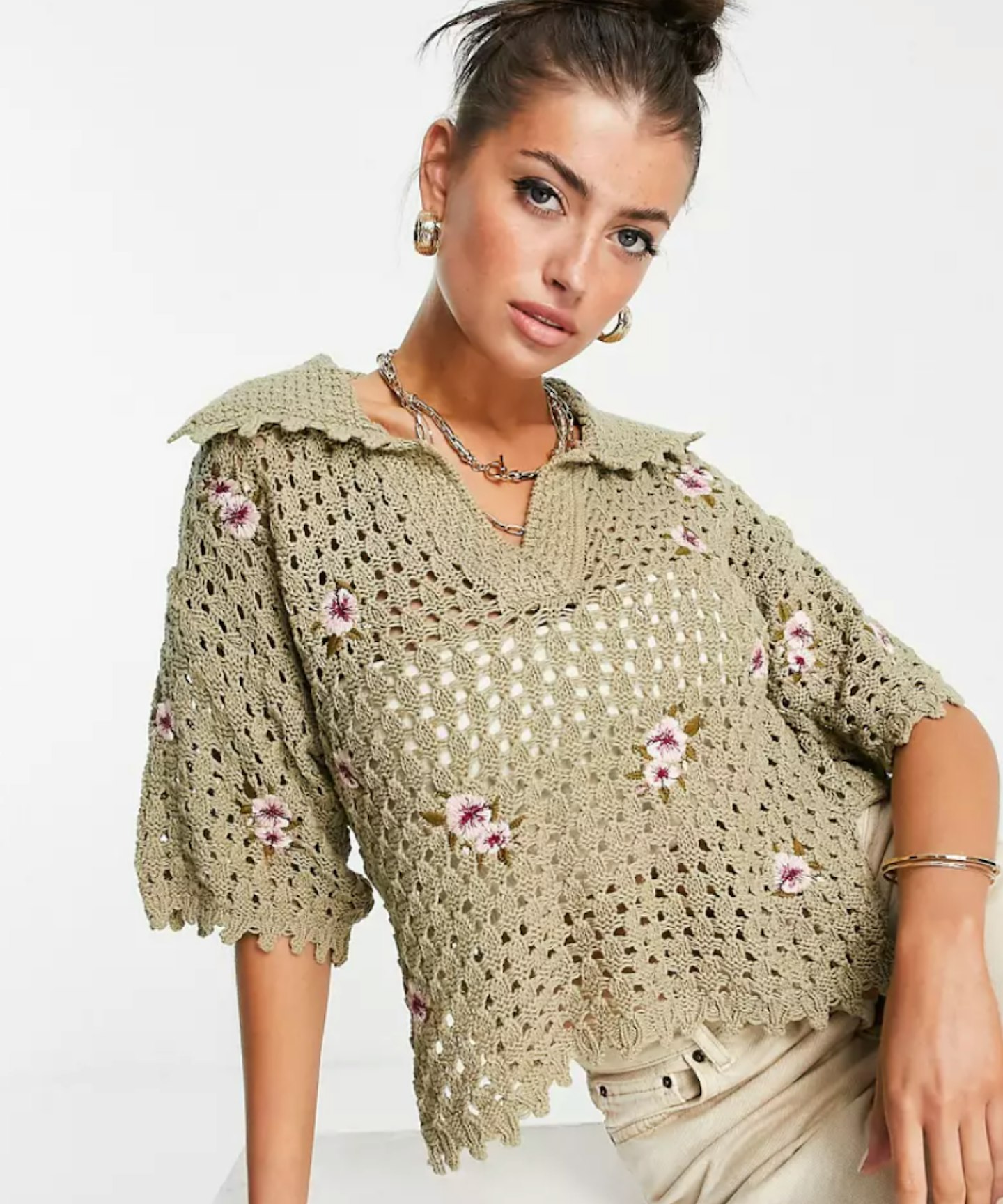 Mango crochet flower knit top with collar in khaki | ASOS