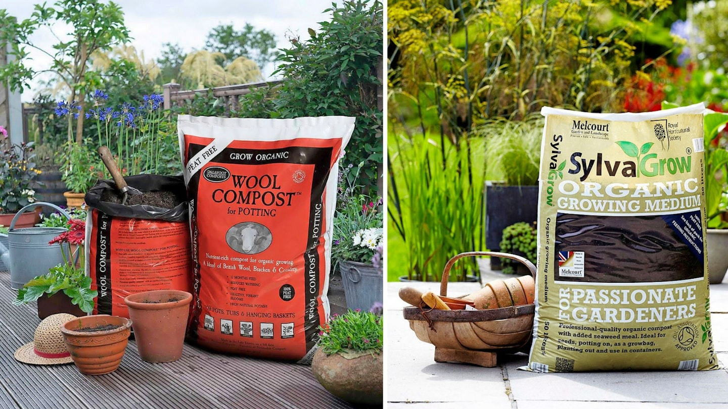 Bags of peat free compost on sunny deck and patio