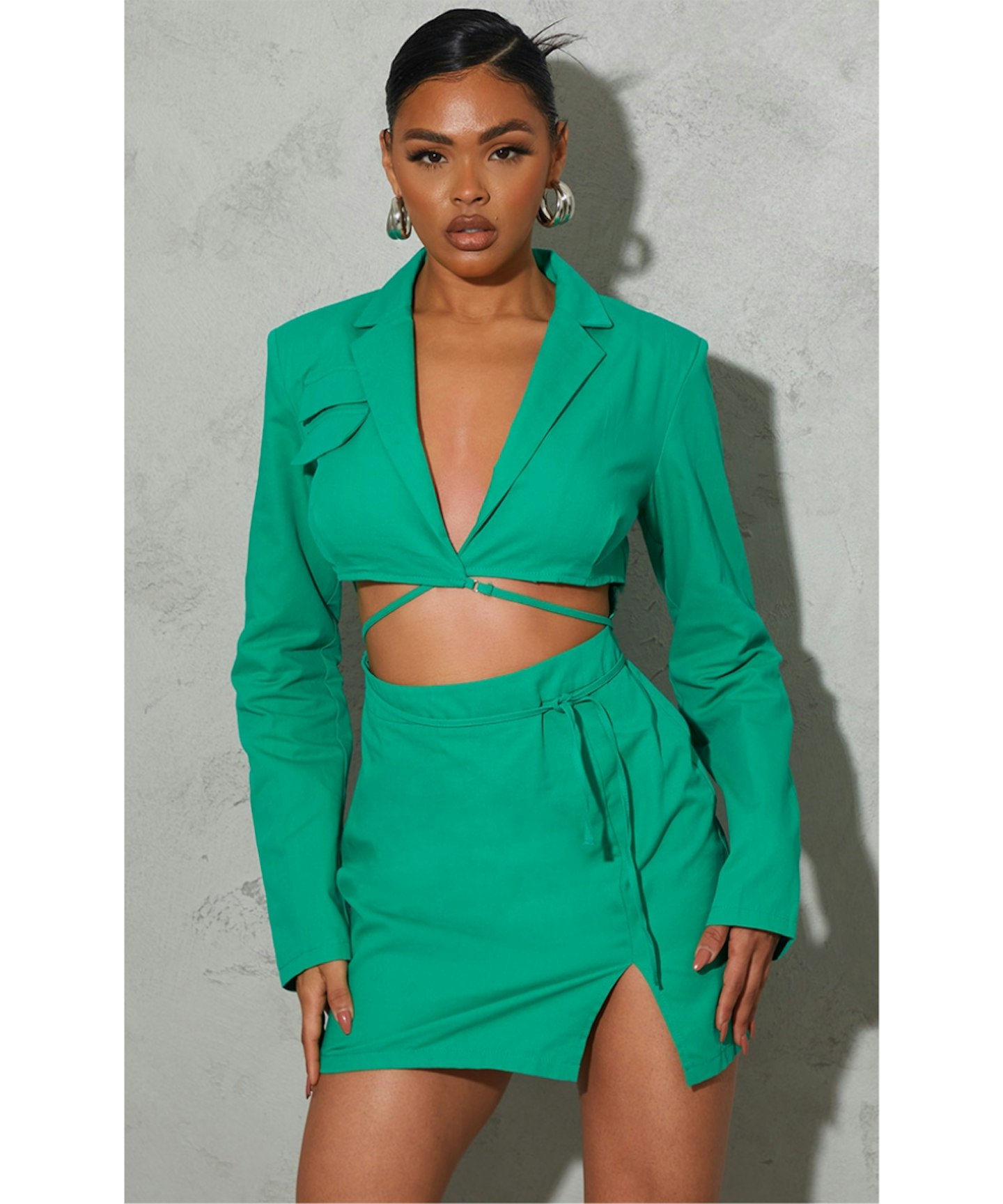 PrettyLittleThing Green Woven Cut Out Tie Waist Utility Style Blazer Bodycon Dress
