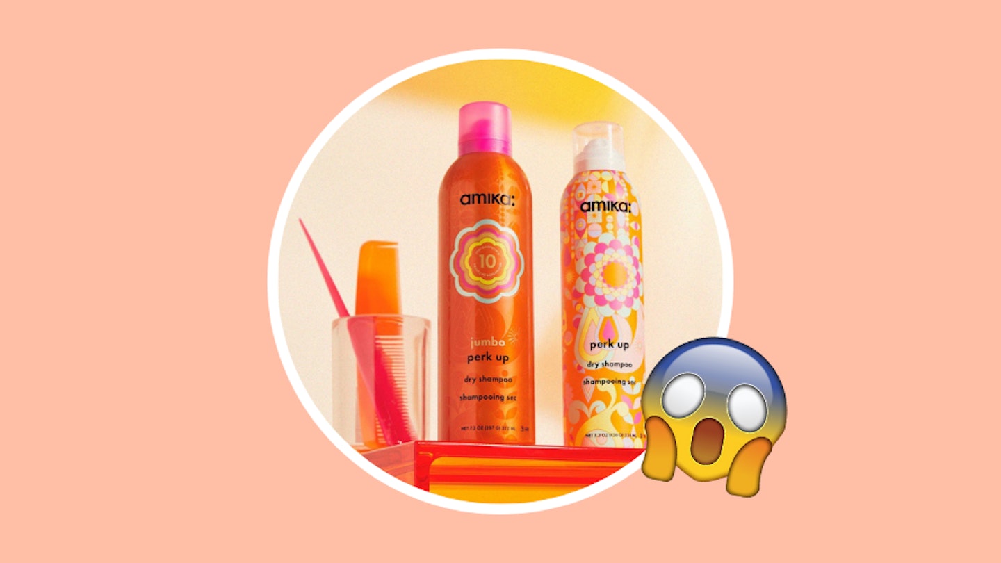Amika dry shampoo review: Amika product on an orange background with a shocked emoji