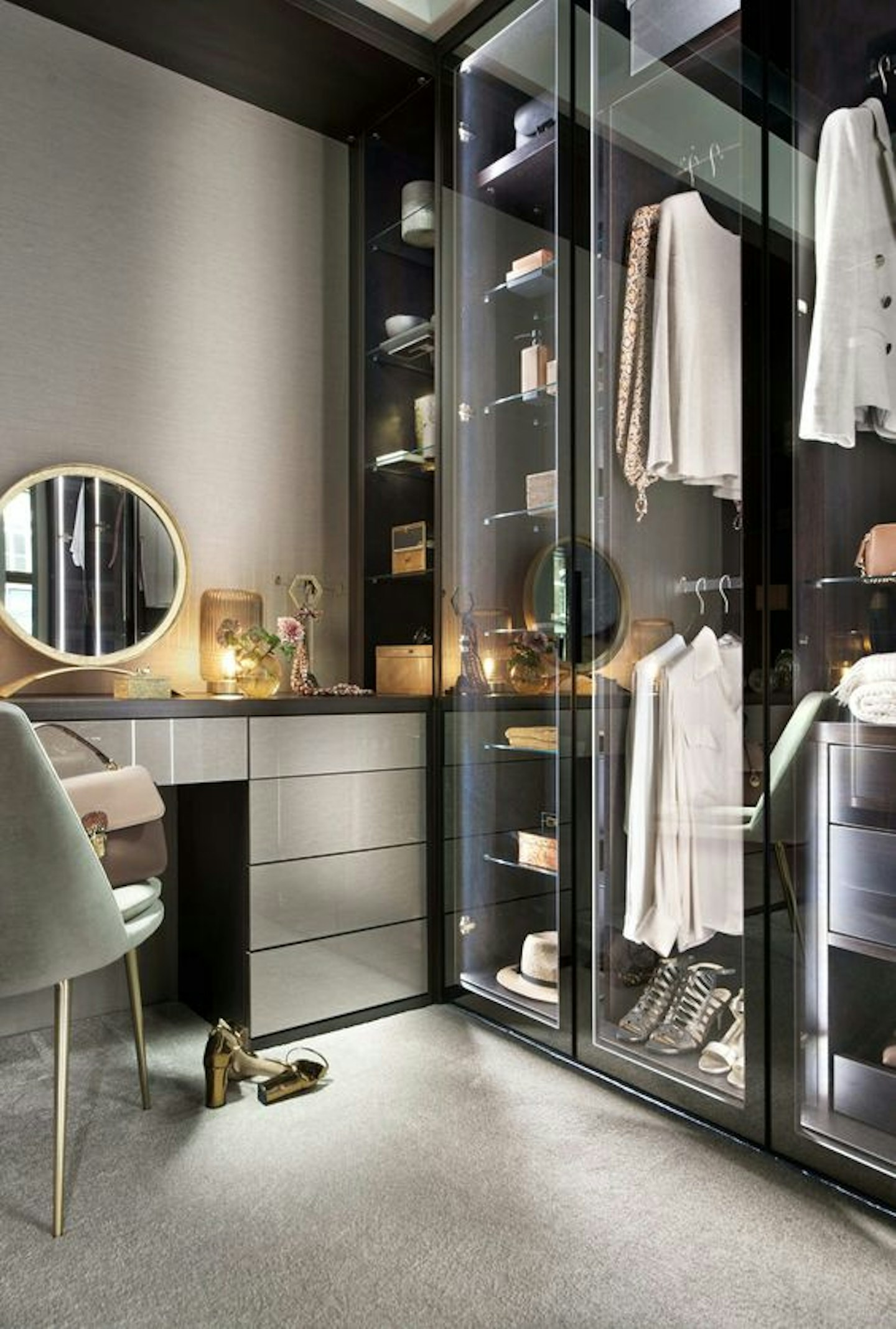 Modern walk in wardrobe with dressing table