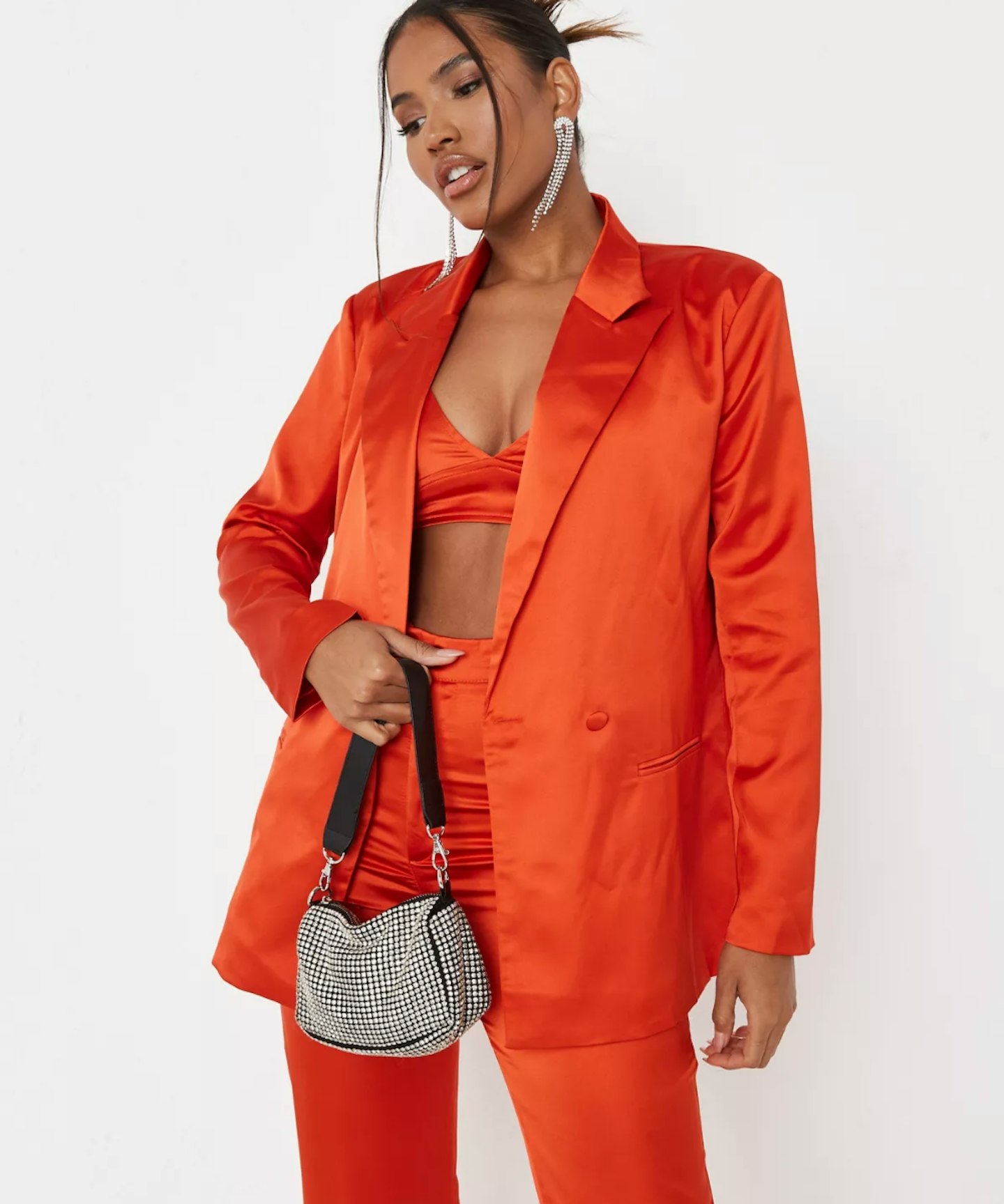 Missguided Orange Co Ord Double Breasted Satin Blazer
