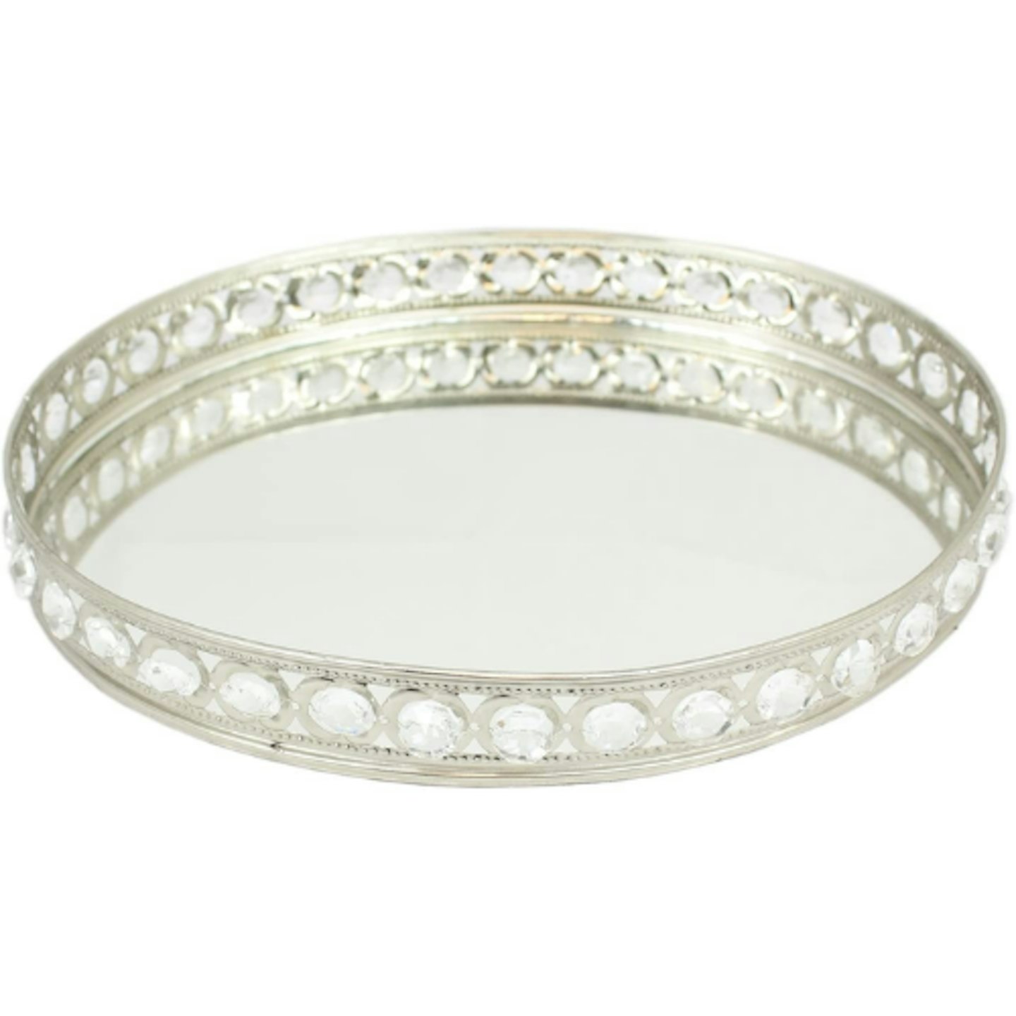 Oval Silver Mirrored Decorative Tray with Gemstones
