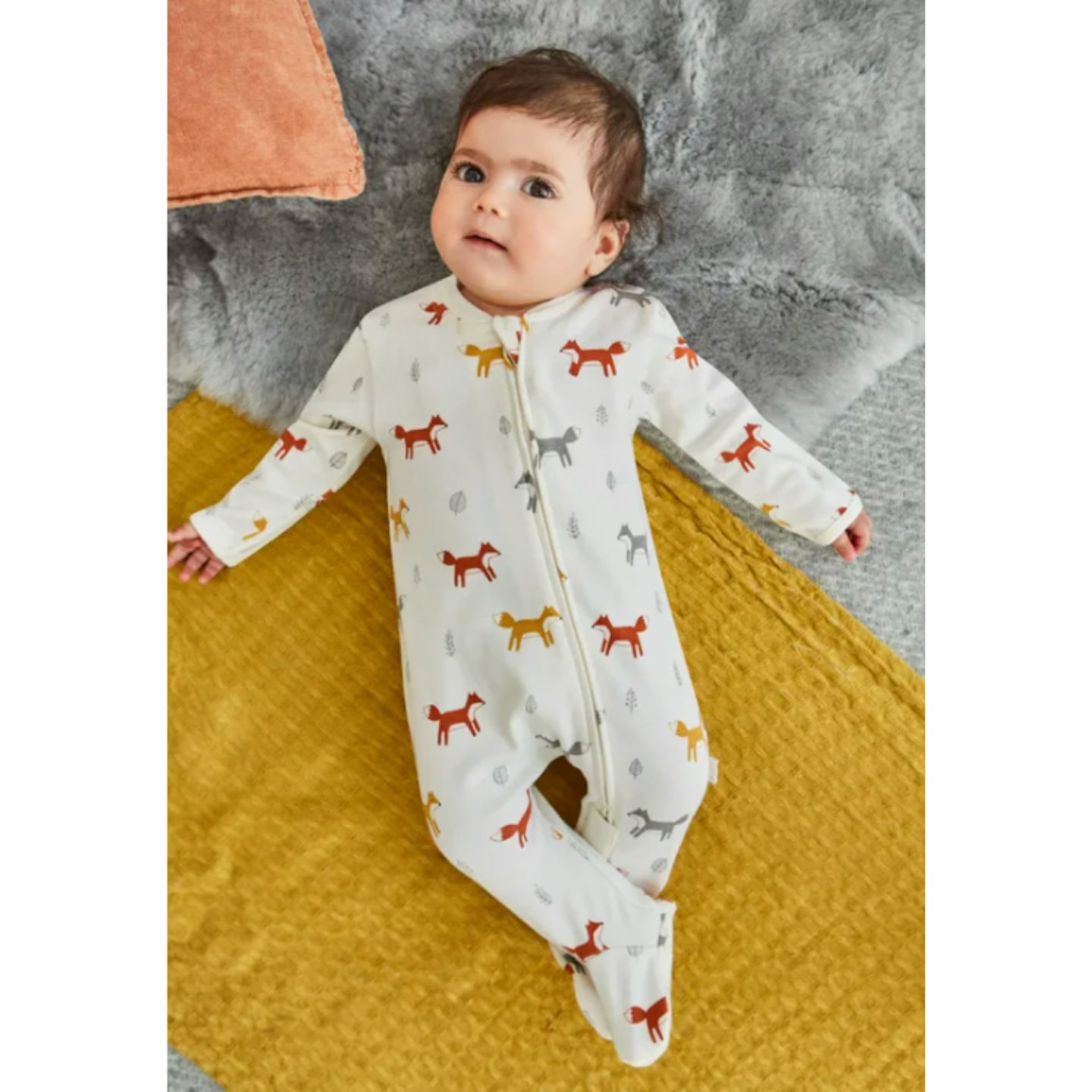 CREAM FOX PRINT ZIP BABY SLEEPSUIT
