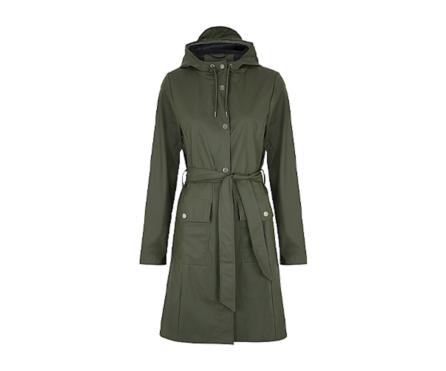 Dark green belted rubberised raincoat