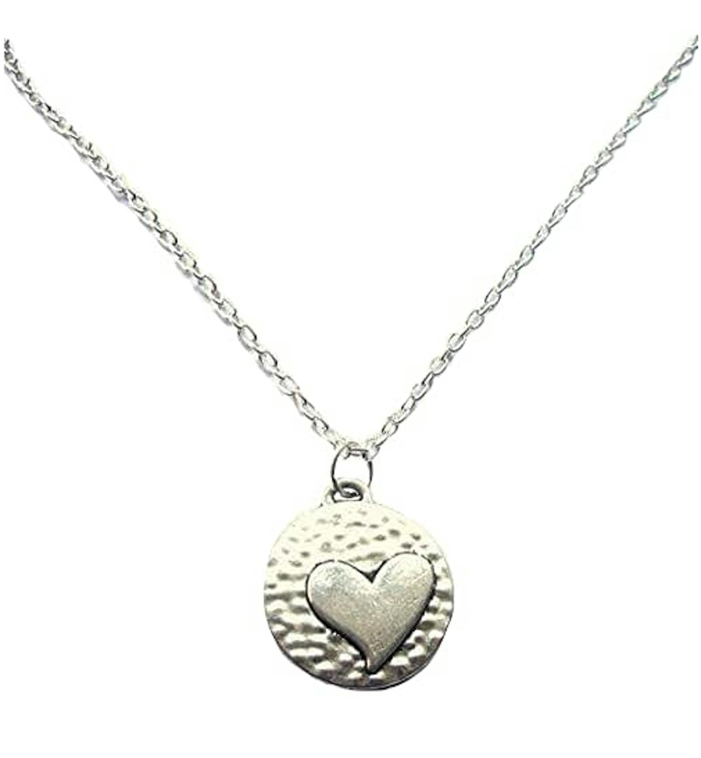 Heart Disc Necklace 18 Inch Chain Silver Plated
