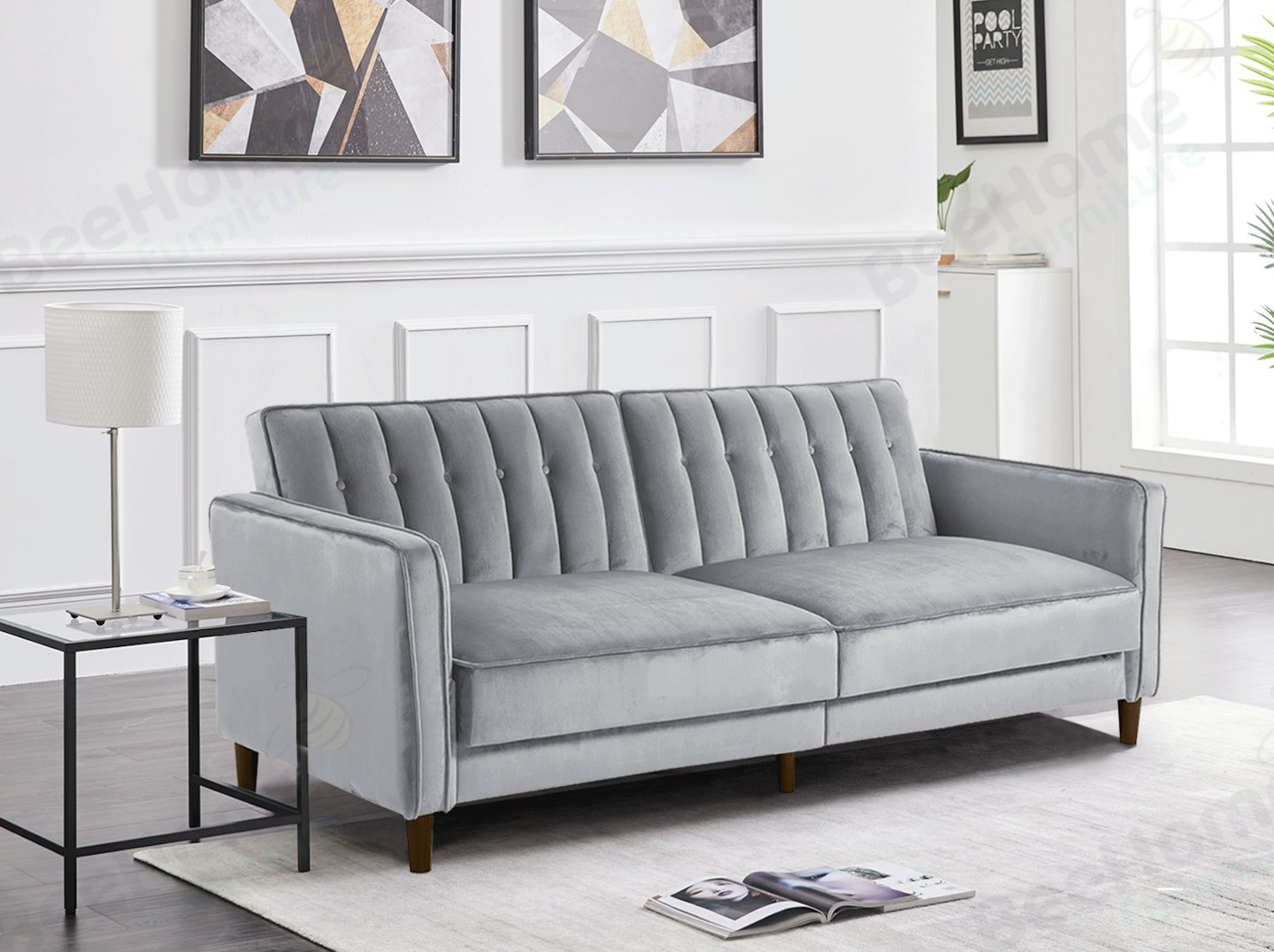 Grey Velvet Three Seater Sofa Bed, £329.99