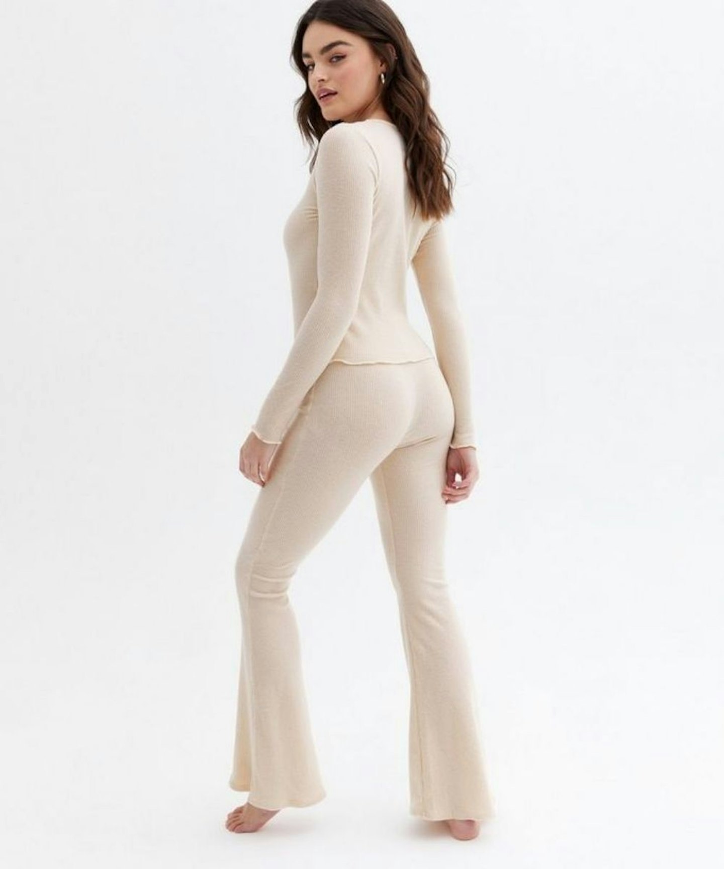 Cream Ribbed Frill Top and Flared Trouser Lounge Set