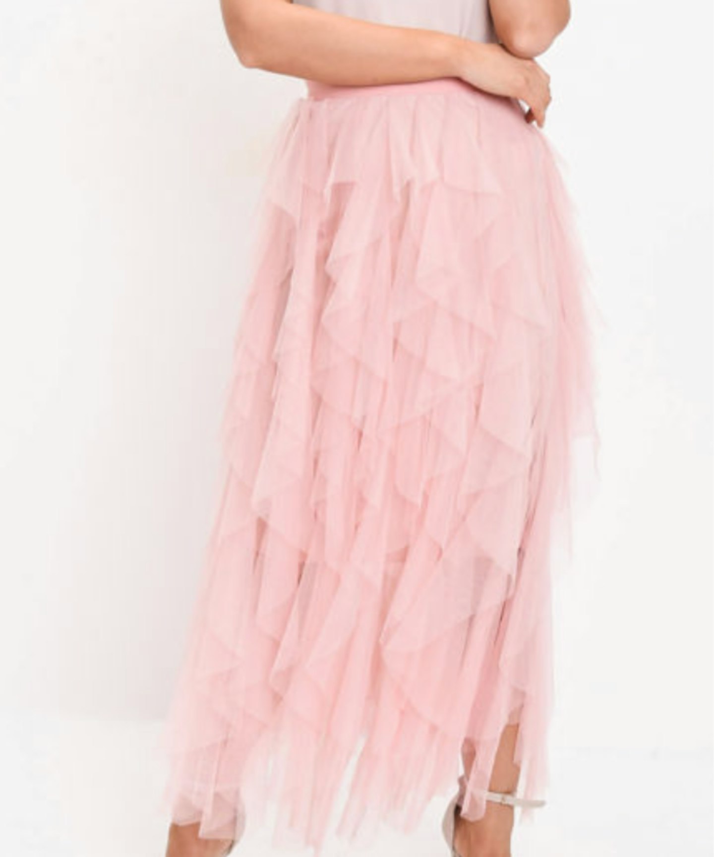 High Waisted Layered Tulle Ruffle Midi Skirt Pink