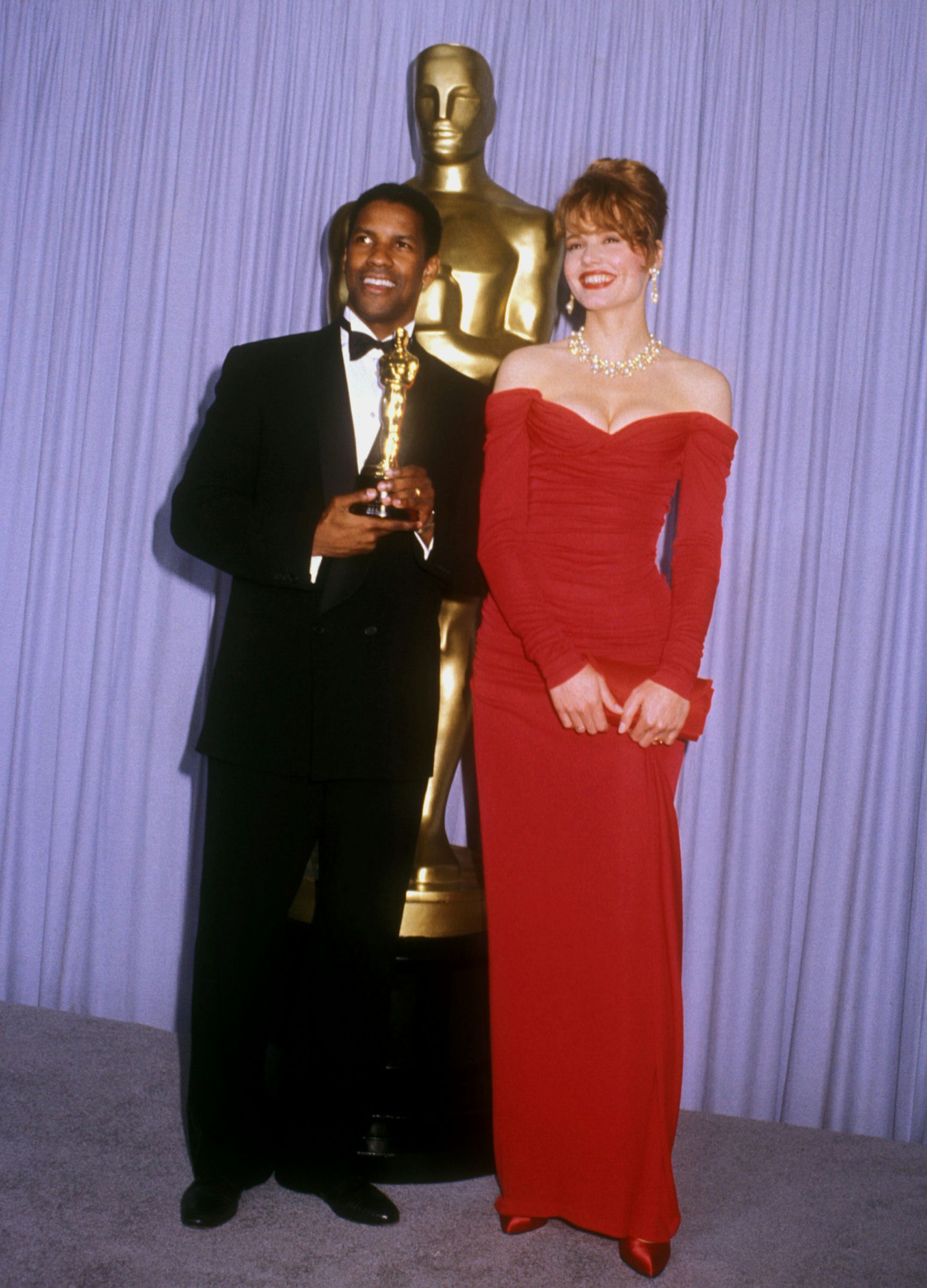 90s Oscars Fashion Denzel Washington and Geena Davis