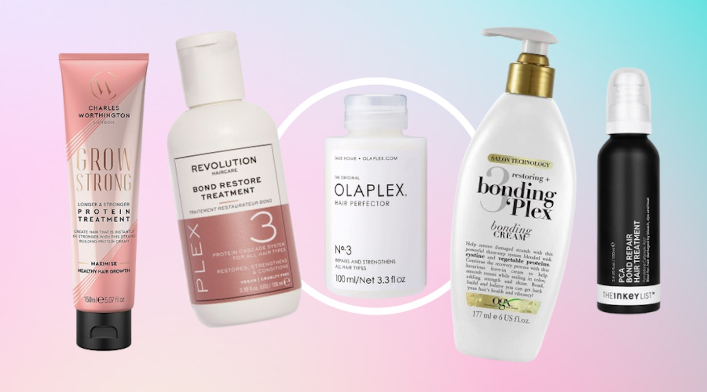Five of the best Olaplex alternatives on an ombre pink and blue background