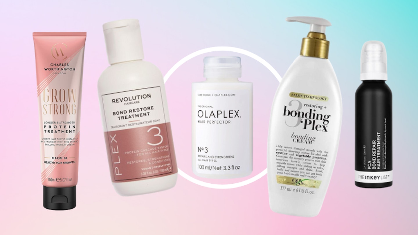 A picture of five of the best Olaplex alternatives on an ombre pink and blue background