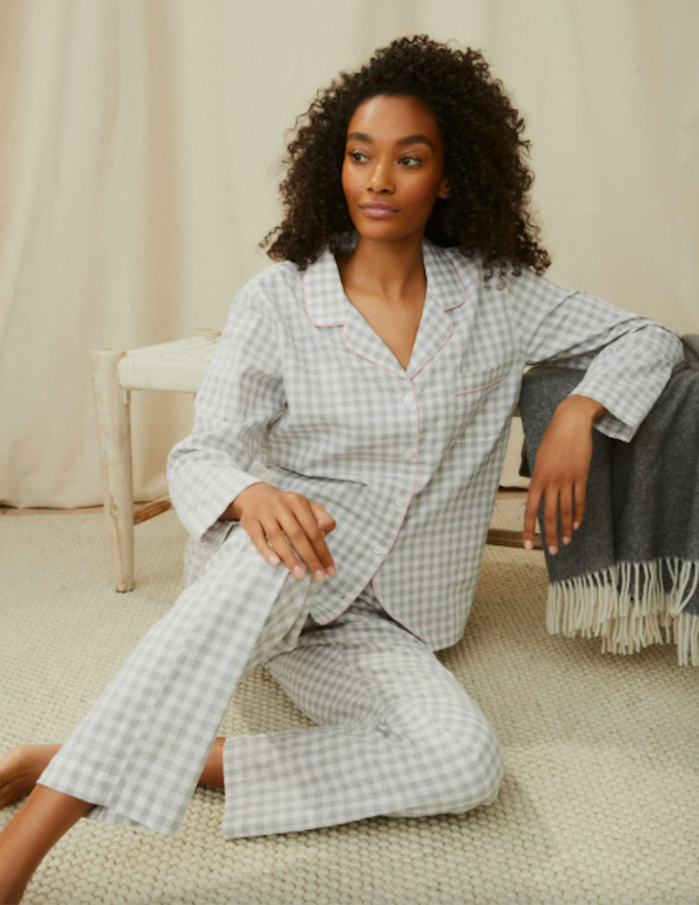 Stitch-Detail Cotton-Gingham Pyjama Set, WAS £80 NOW £48