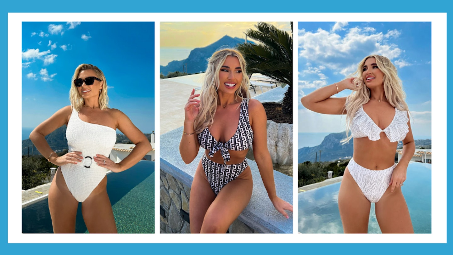 Three pictures of Billie Shepherd showcasing her latest swimwear collection. 