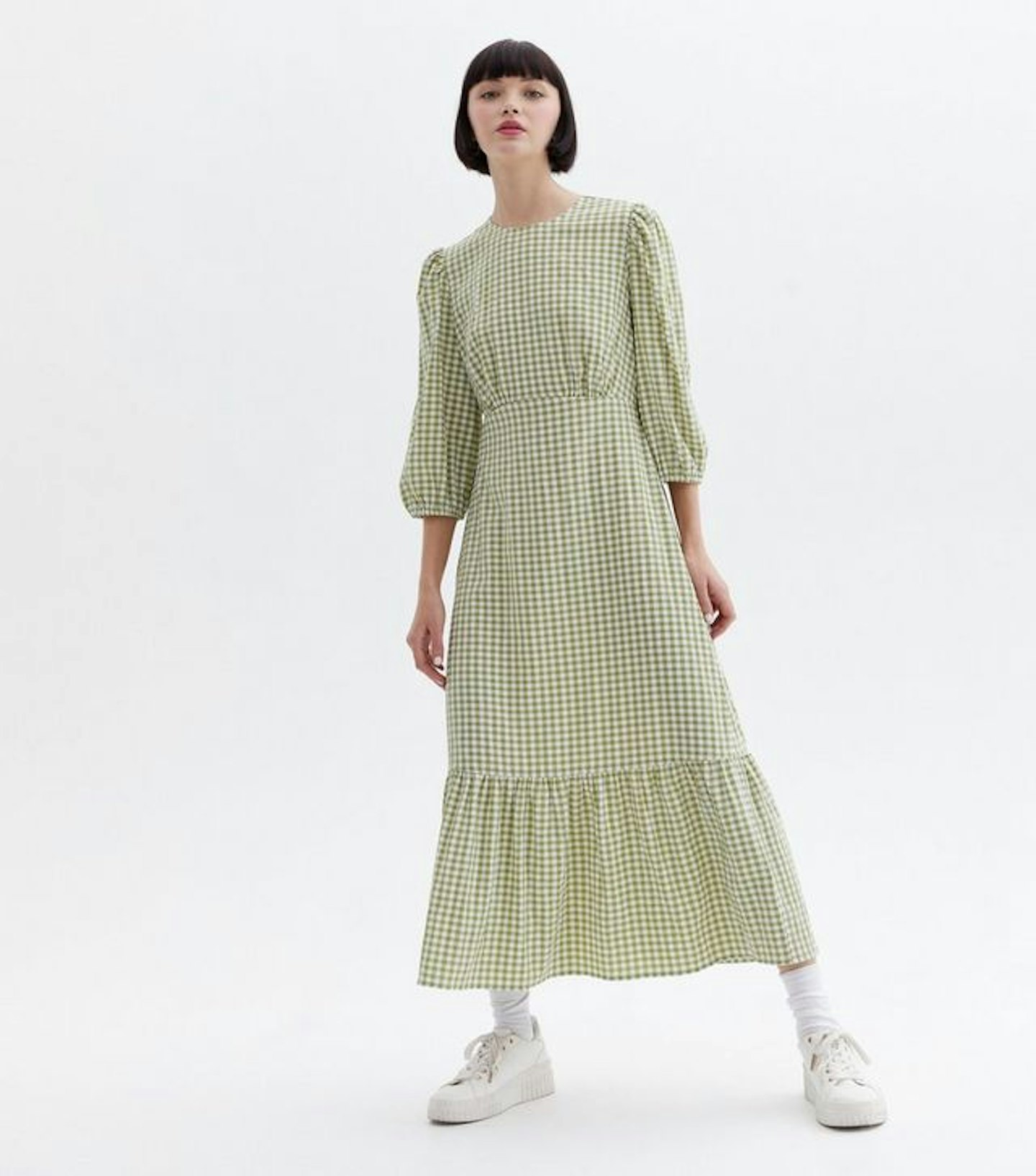 rain bad weather fashion  New Look, Green Gingham 3/4 Puff Sleeve Tiered Midi Dress, £25.99