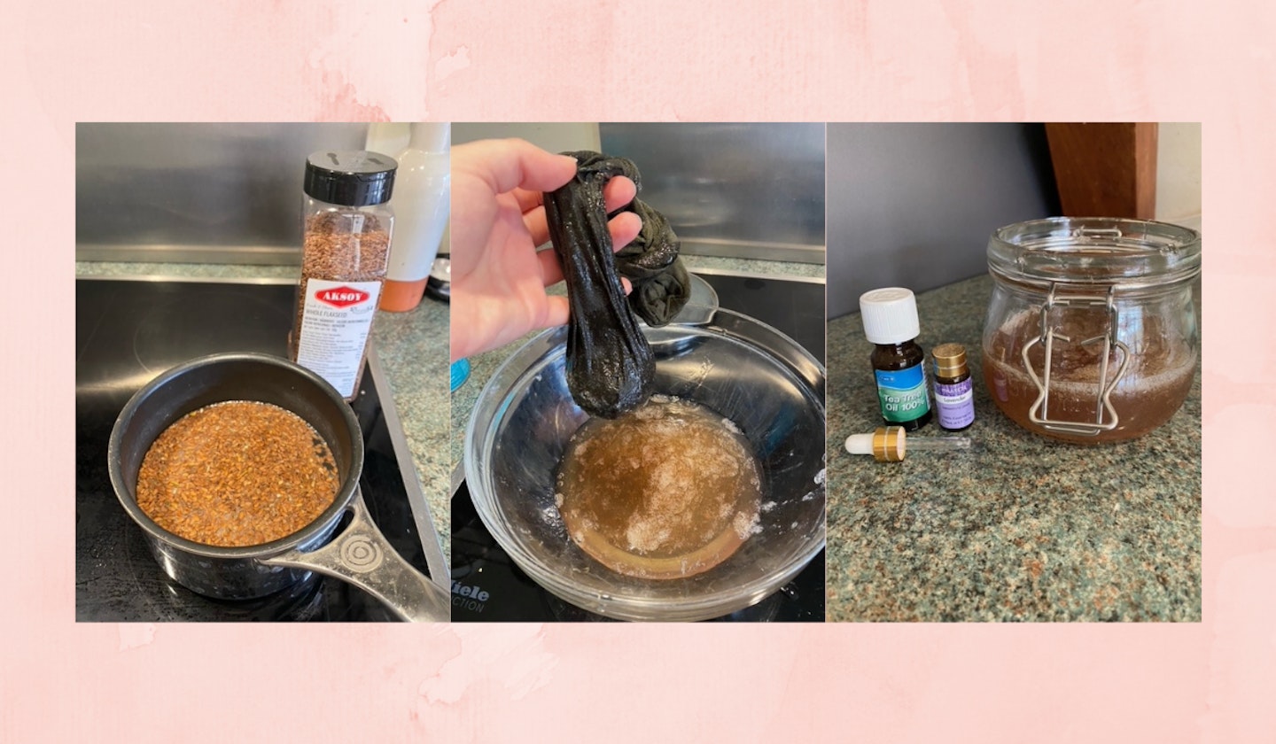 pictures of the creation of a flaxseed gel mask 