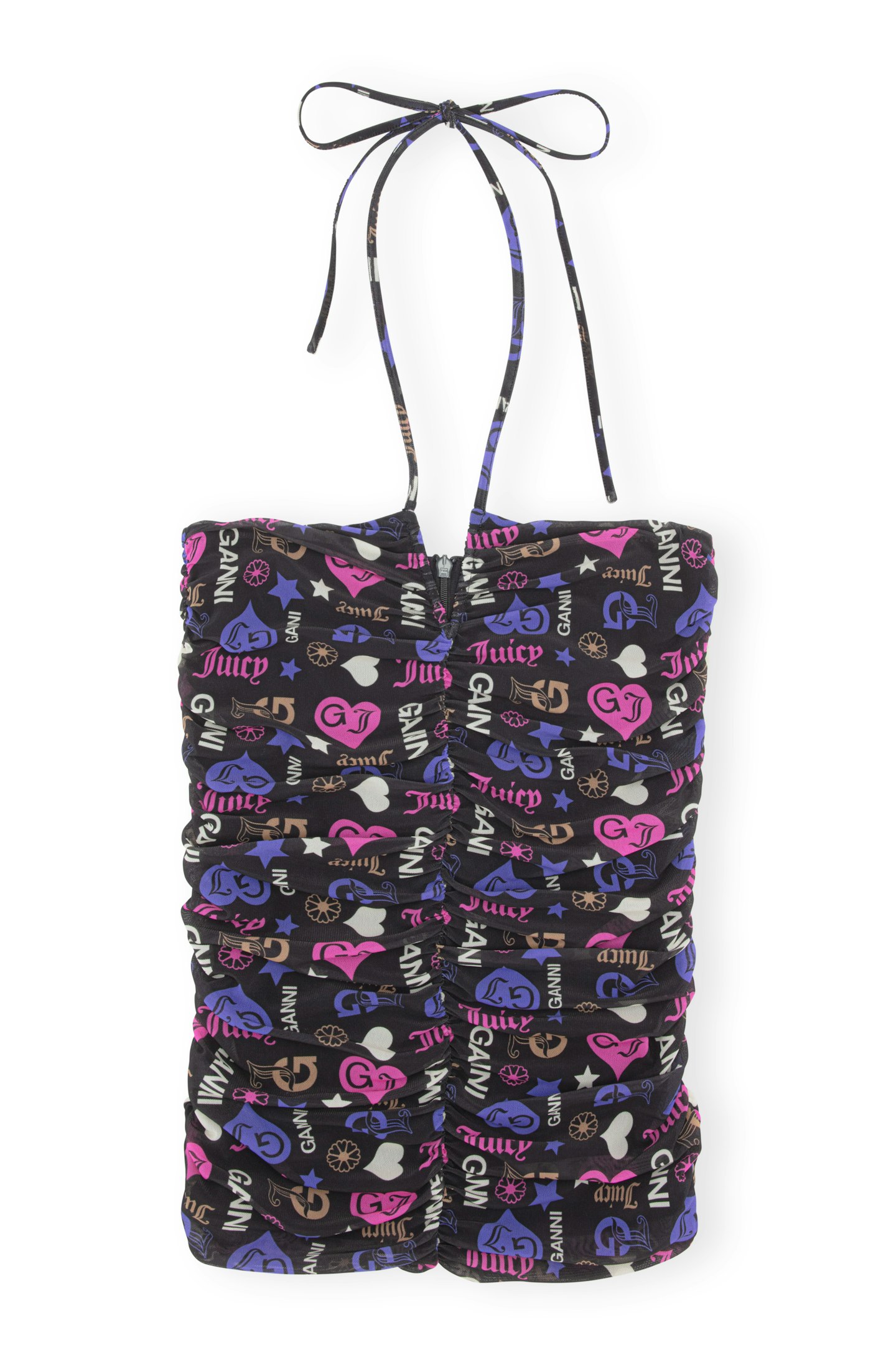 GANNI x Juicy Couture Printed Mesh Panel Gathered Halterneck Top, £145