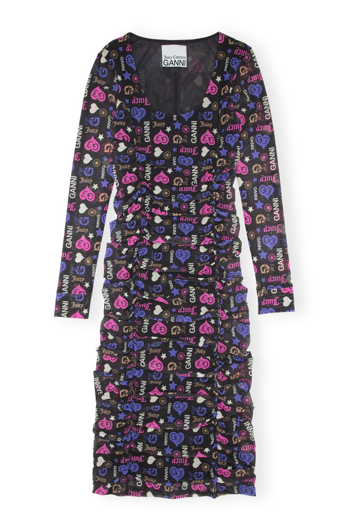 GANNI x Juicy Couture Printed Mesh Gathered Panel U-Neck Dress, £275