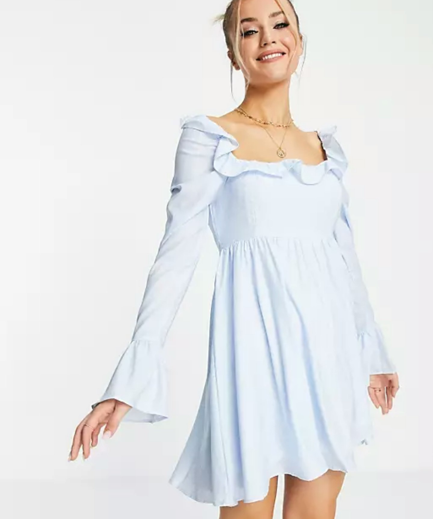 In The Style x Lorna Luxe puff sleeve tie neck smock dress in blue ditsy print